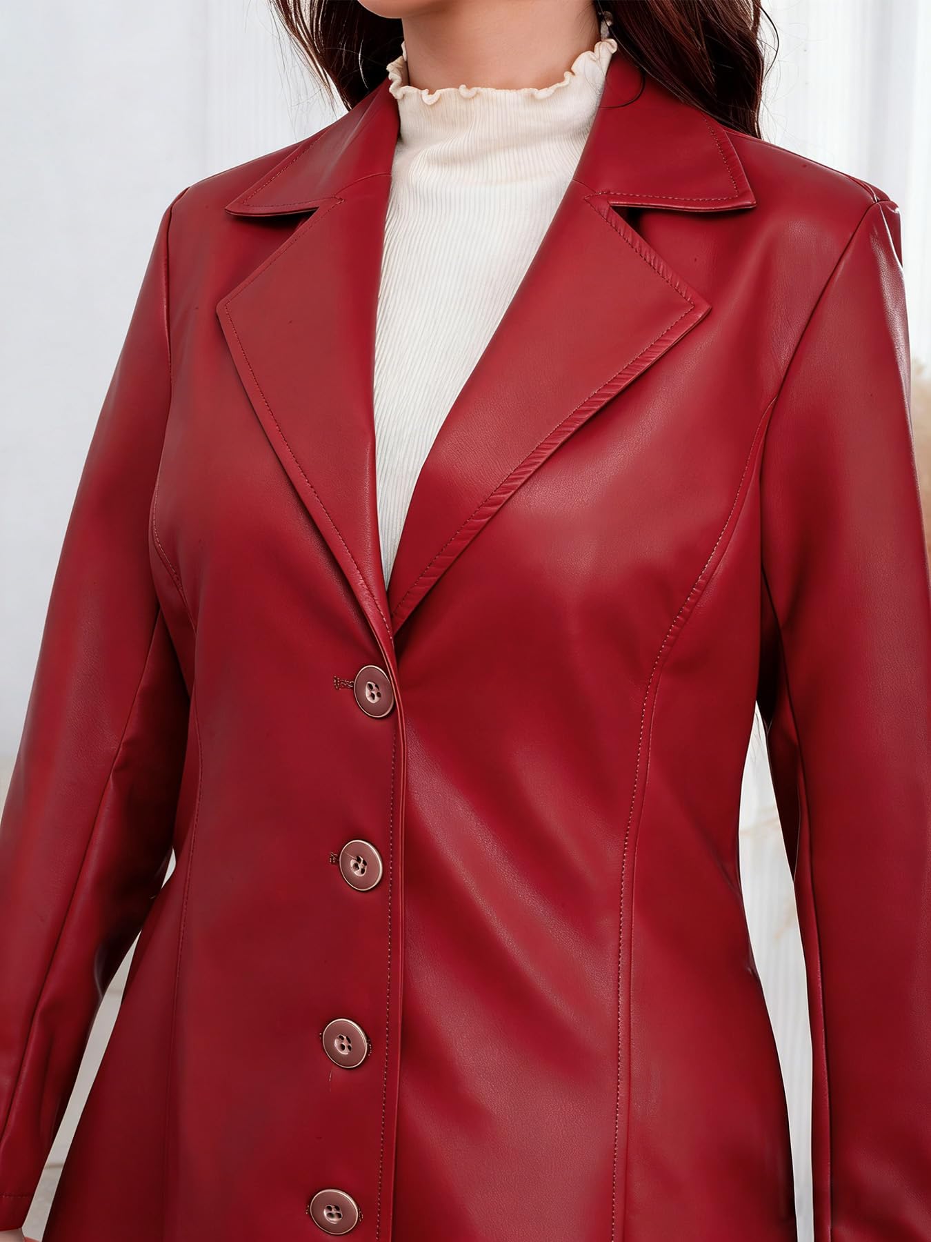 utcoco Womens Faux Leather Trench Coat Classic Lapel Button Down Maxi Jacket 2025 Stylish Overcoat (Small, Red)