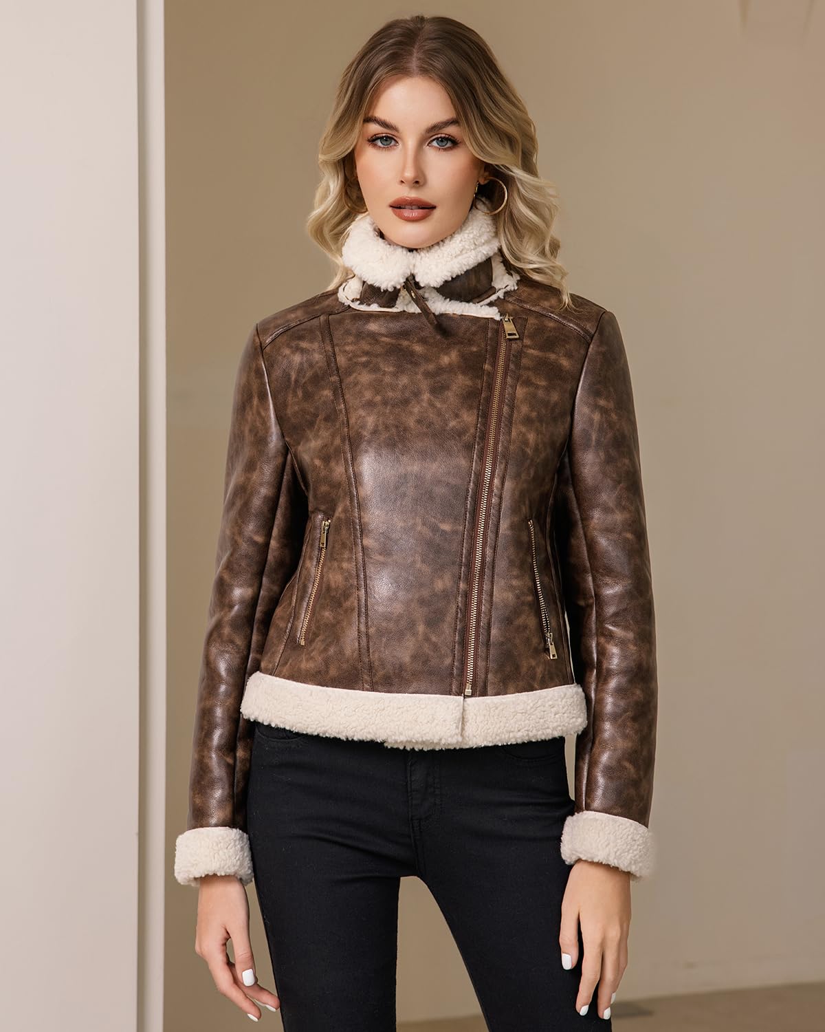Women's Faux Shearing Moto Jacket Thick Fur Lined Coat Cropped Sherpa Leather Jacket Mixed Brown S