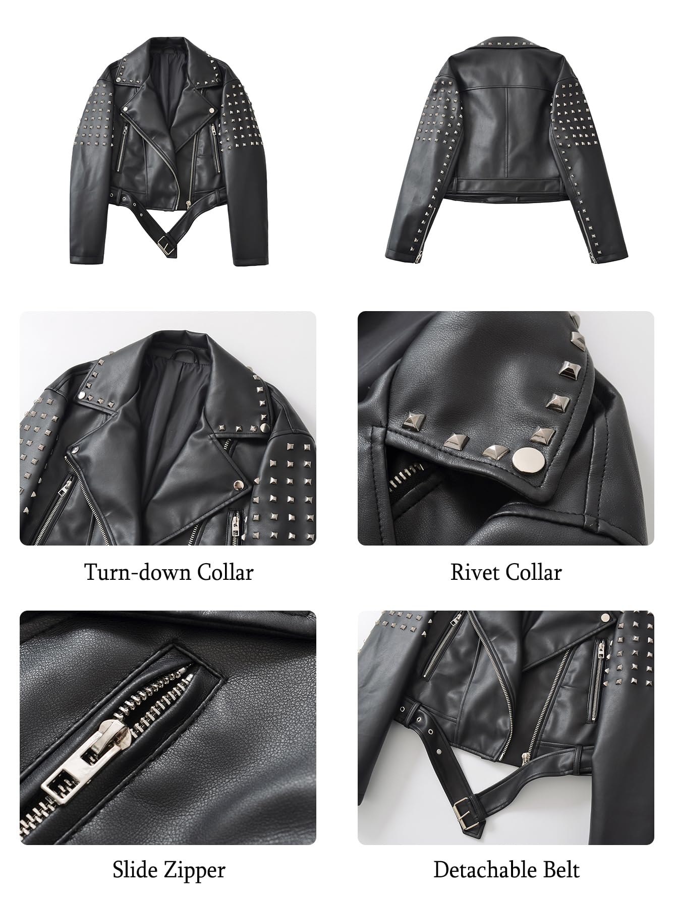 LY VAREY LIN Women's Rivet Studded Faux Leather Cropped Moto PU Jacket Punk Streetwear Coat