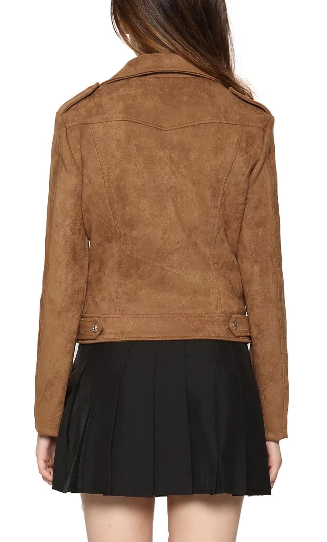 CHARTOU Women's Fall 2023 Fashion Faux Suede Leather Casual Moto Biker Jacket Coats (Small, Coffee)