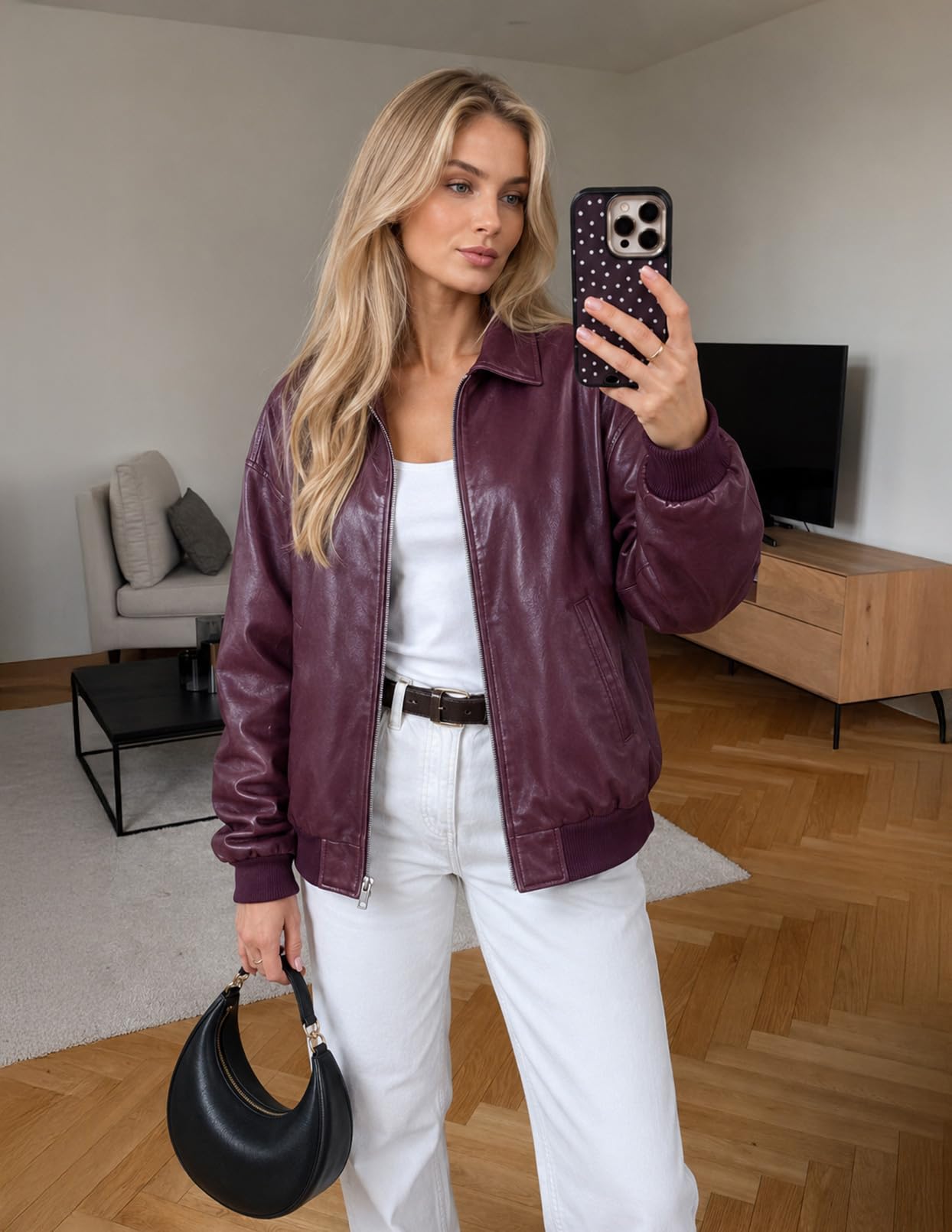 MEROKEETY Women's Winter Spring Oversized Faux Leather Jacket 2026 Fall Zip Up Motorcycle Coats Fashion Outfits Clothes, Burgundy, Large