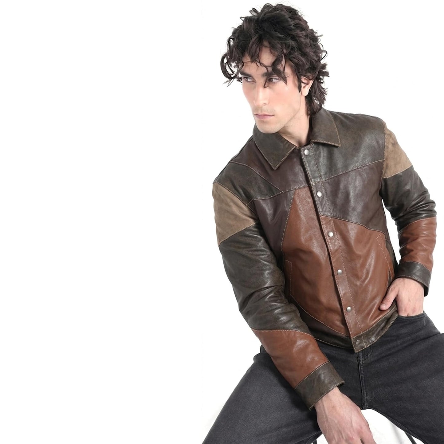 STREGA Men’s Heritage Patchwork Lambskin Leather Jacket – 70s Vintage Rustic Shirt Style, Handmade Multi-Tone Rustic Earth Brown, Button-Front Outerwear (US, Alpha, Large, Regular Fit, Rustic Earth)