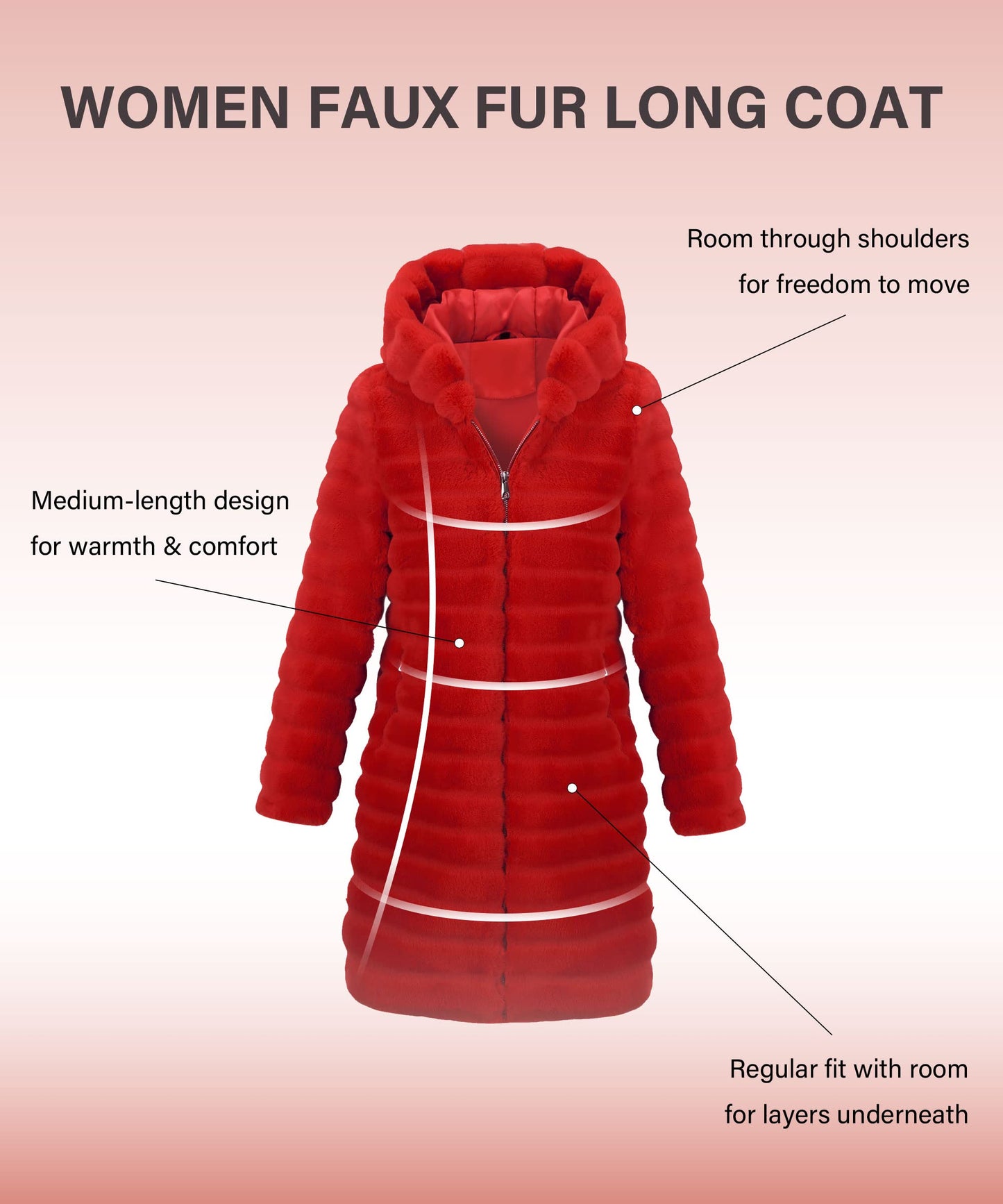 RISISSIDA Women Long Faux Fur Coat Fuzzy Jacket with Hood Fleece Winter Fall Thermal Shearling Warm Fluffy Furry Overcoat B Red 120757A X-L
