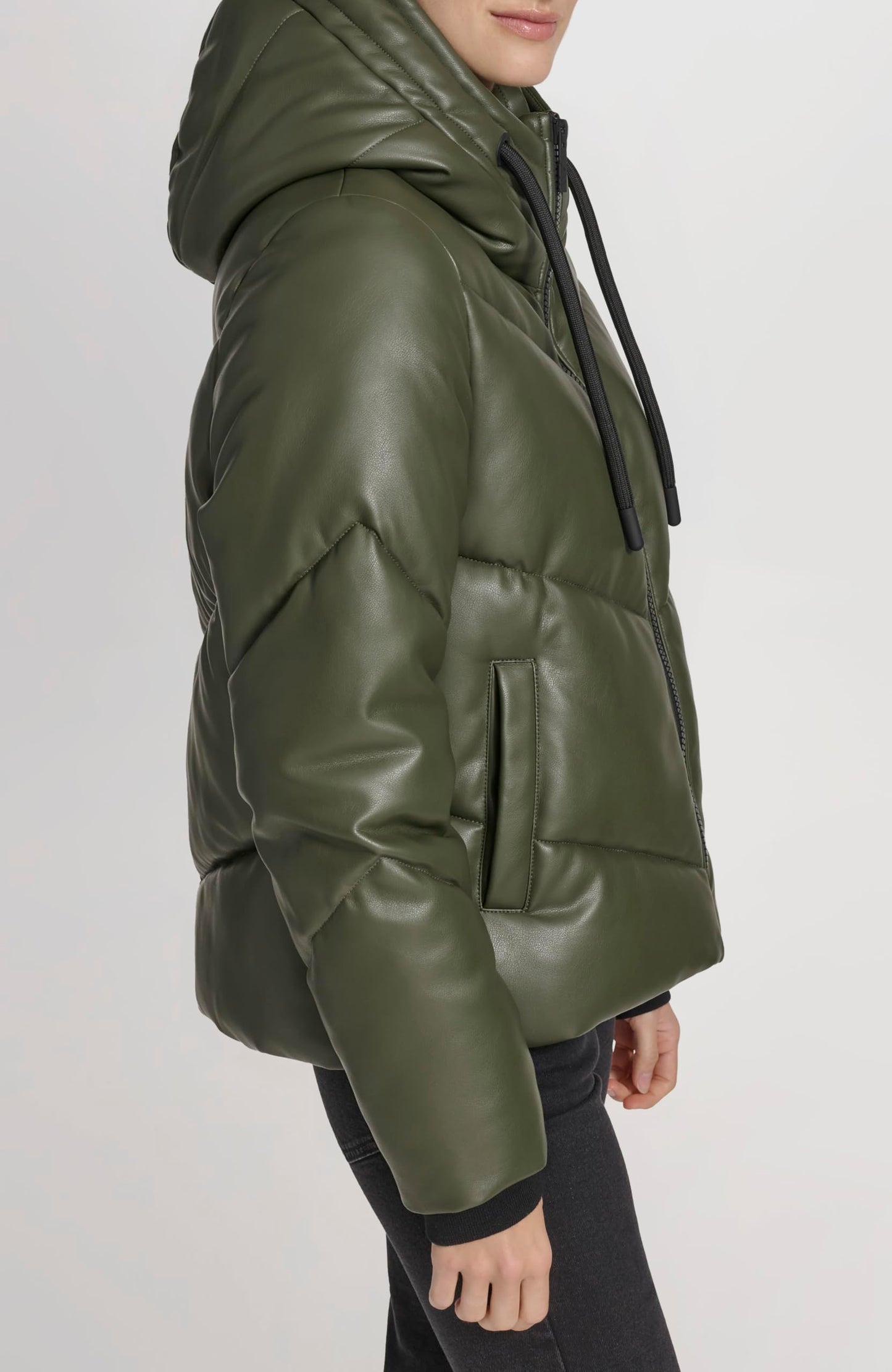 Andrew Marc Women's Super Puffer Jacket, Olive Faux Leather, Small