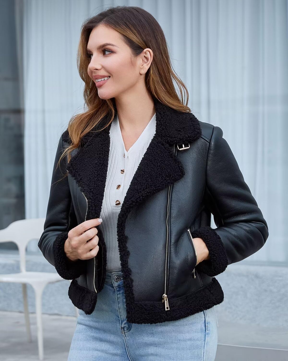 DIASHINY Women's Faux Shearing Fur Lined Coat Cropped Faux Leather Moto Sherpa Jacket Black L