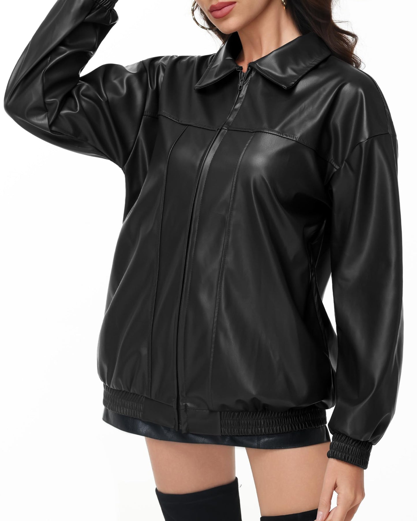 Simlakey Women Oversized Leather Jacket Faux Motorcycle Coat Zip up Long Sleeve Jacket Stylish Clothes 2026(Black,XL)