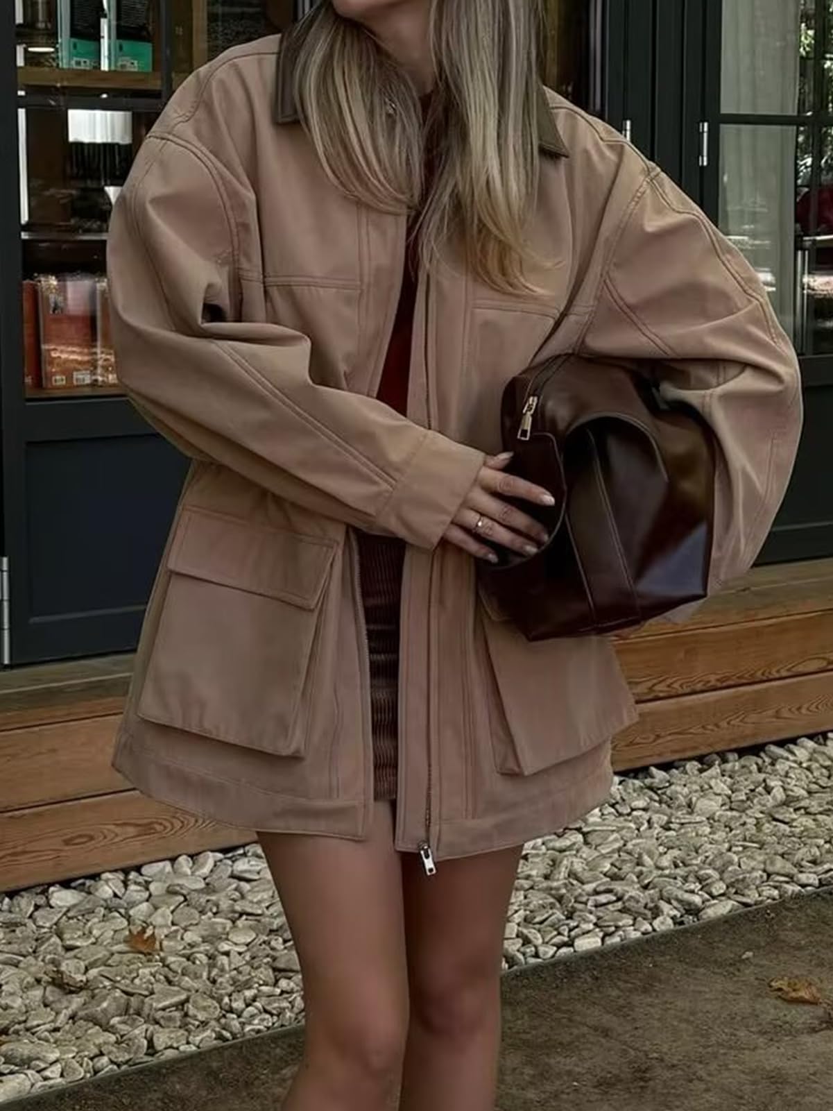 CUFEZN Women's Barn Jacket Faux Suede Leather Collar Utility Jackets Oversized Casual Adjustable Waist Coat with Pockets Khaki Medium