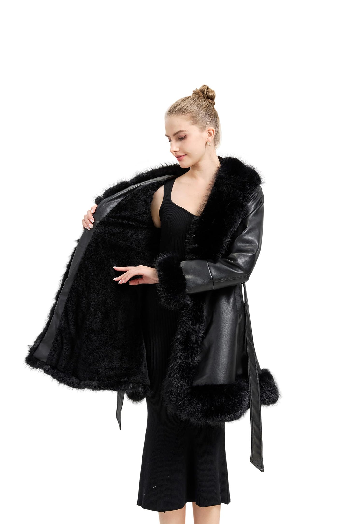 GRAN ORIENTE Women's Faux Leather Long Trench Jacket with Faux Fur Collar, Winter Warm Lined Trim Parka Coat with Belt (GK166 Black M)