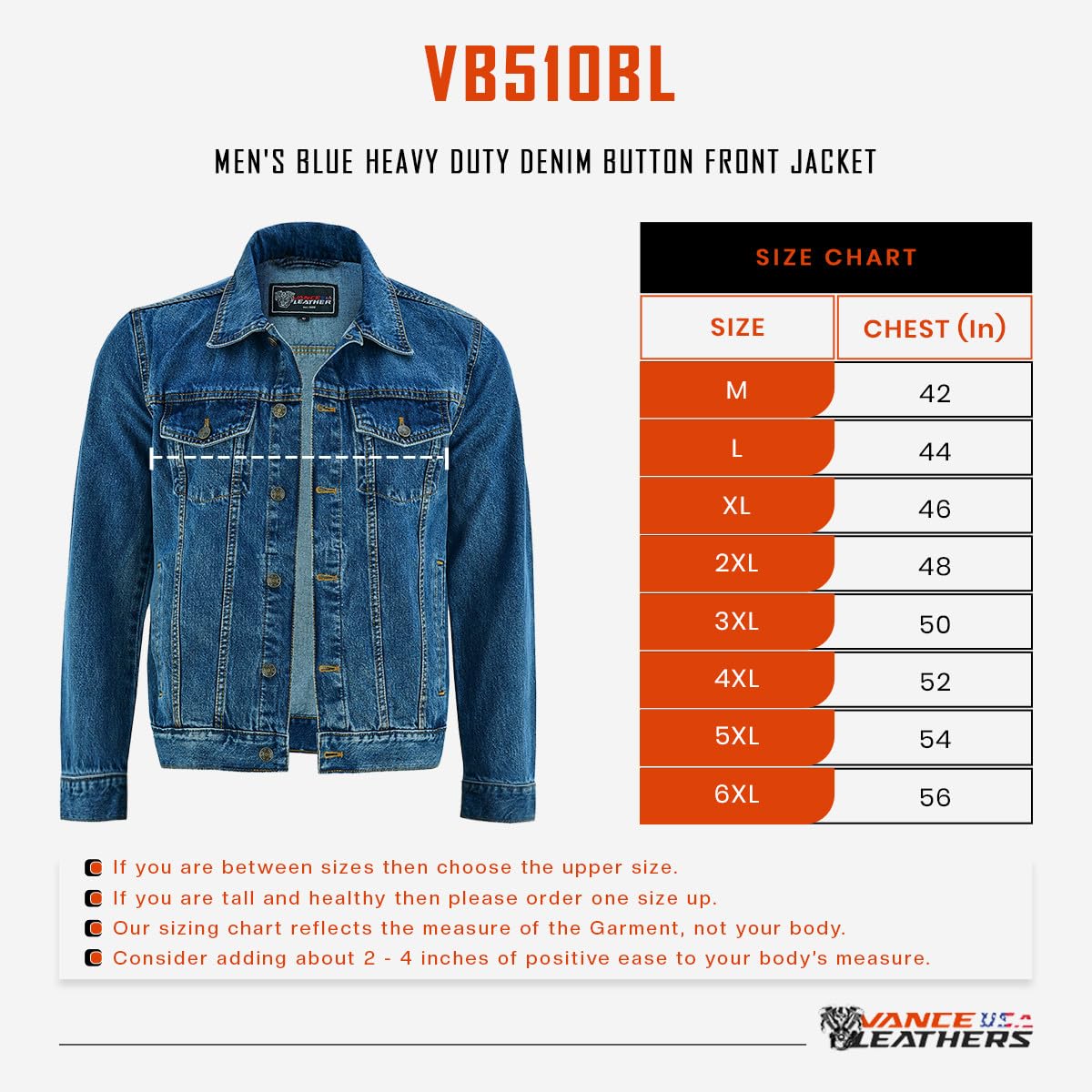 Vance VB510BL Men's Blue Heavy Duty Trucker Denim Button Front Motorcycle Jacket (Blue, XL)