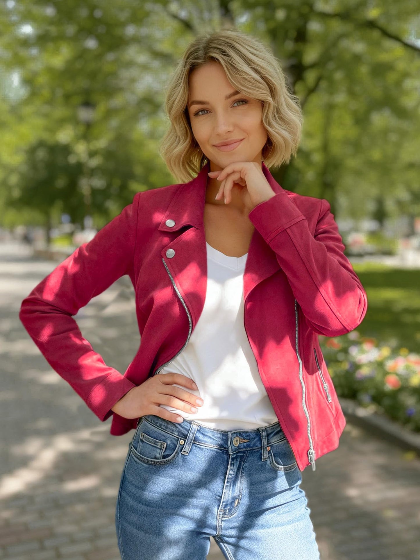 SS-Sunrise Fashion Women's Faux Suede Jacket Long Sleeve Asymmetric Zip Casual Cropped Coat Biker Moto Jacket Outwear with Fake Pockets (X-Large, Red)