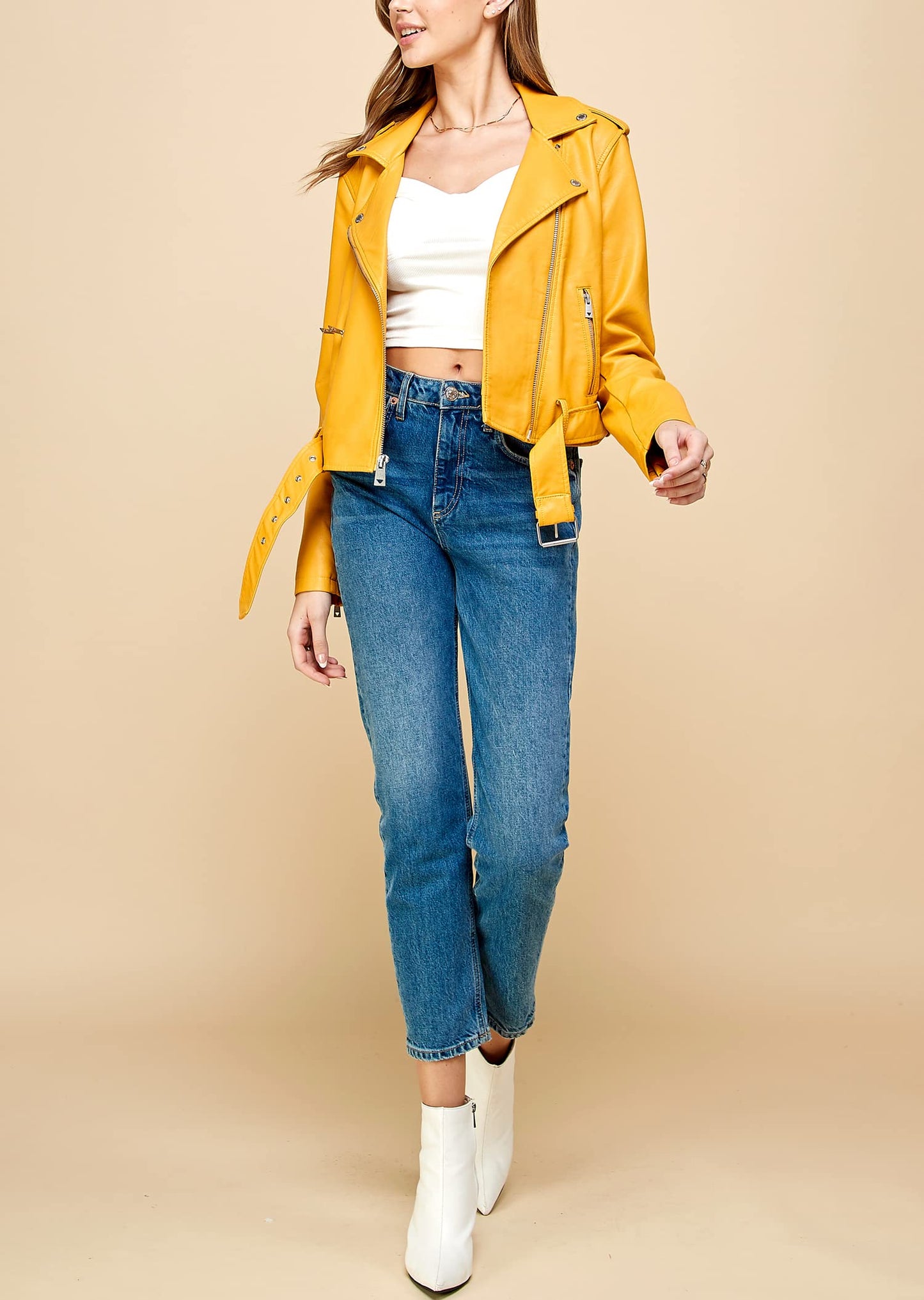 Lock and Love LL WJC1849 Women's Asymmetrical Faux Lether Belted Moto Jacket L MUSTARD