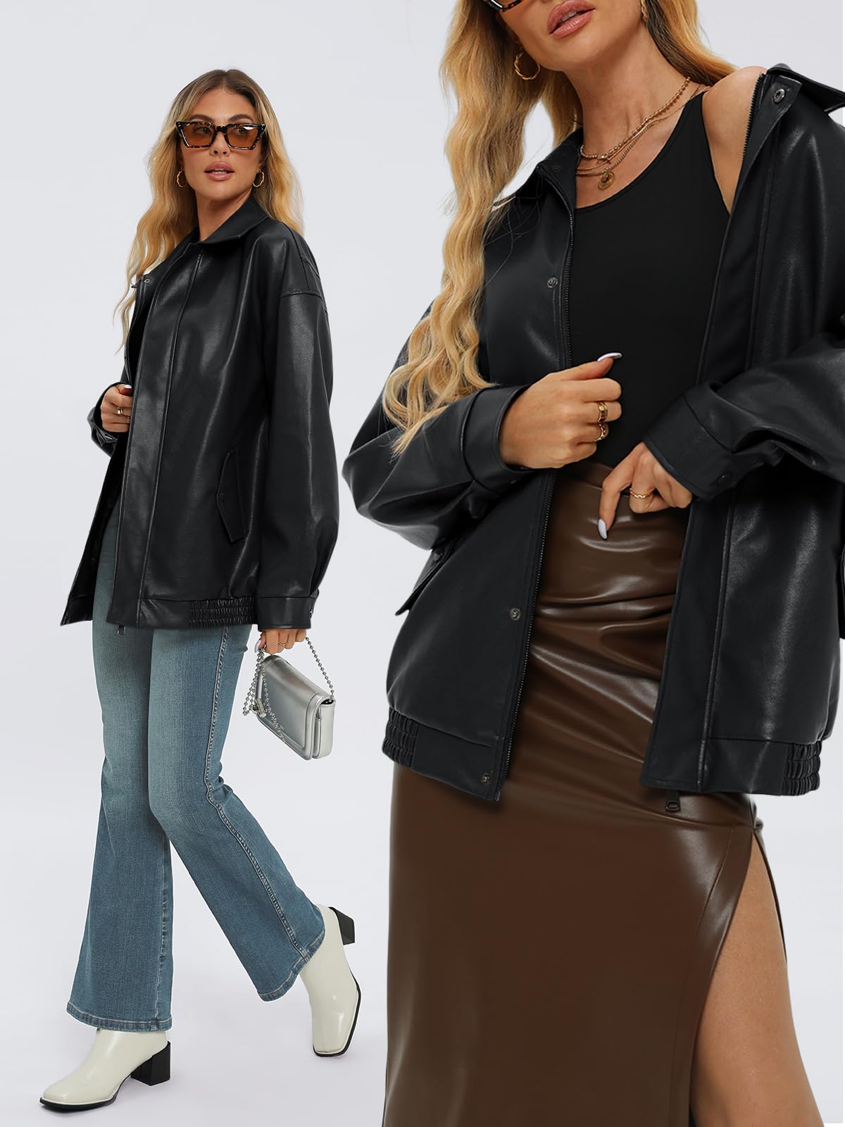 AUTOMET Women's Oversized Leather Jackets Faux Suede 2026 Fall Zip Up Motorcycle Coats Blazer Jackets for Women Outfits Black M