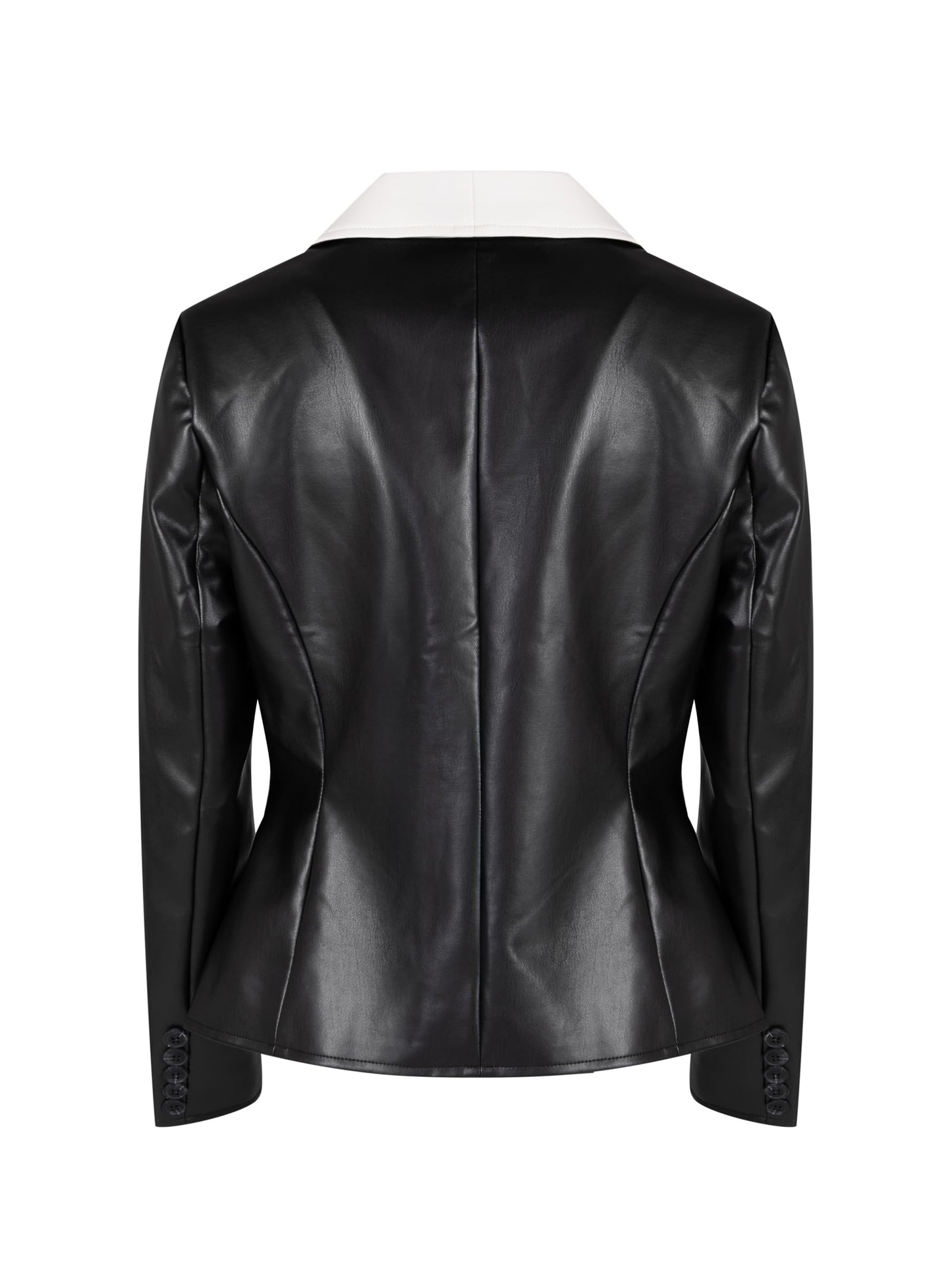 SS-Sunrise Fashion Women's PU Faux Leather Blazer Jacket, Black and White Color Block, Single Button, Notched Lapel, Medium