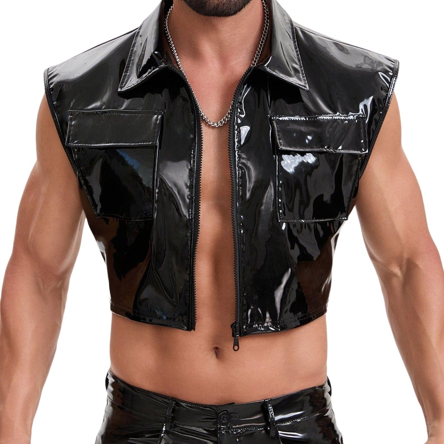 xokesy Mens Glossy Leather Cropped Tops, Sexy Zipper Lapel Shirt Sleeveless, Pocket Half Motorcycle Jacket Clubwear Black