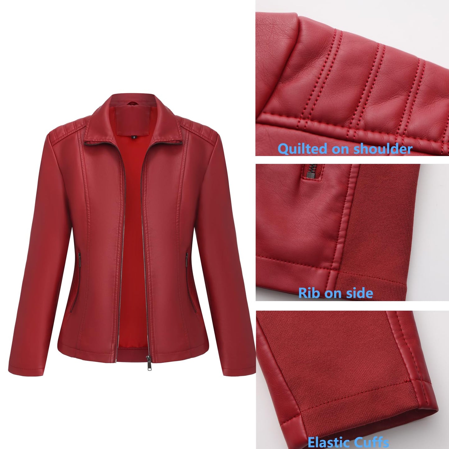 CHIGUO Faux Leather Jacket for Women Motorcycle Fashion Zip Up Coat Trendy Going Out Jackets (Red,Medium)