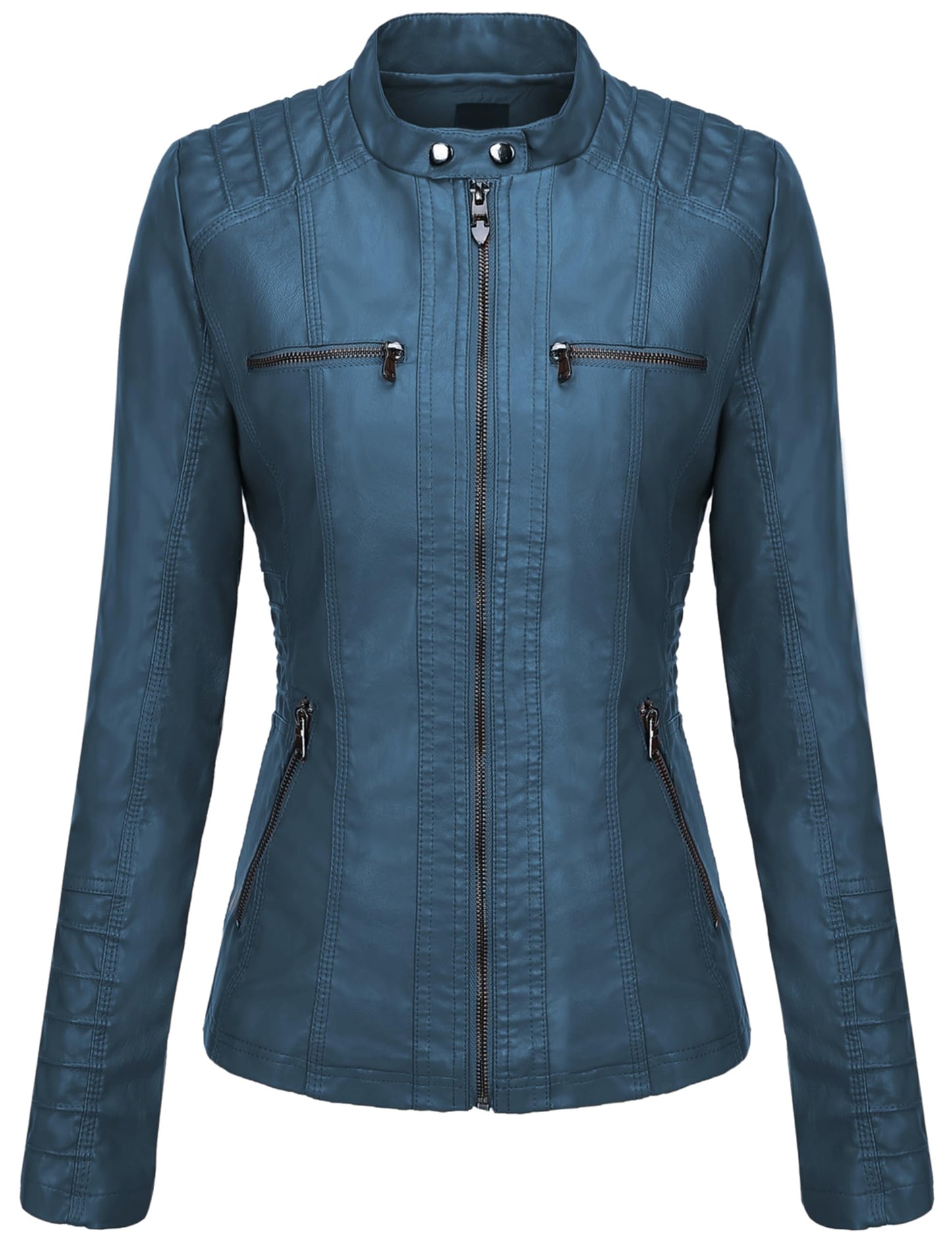 Springrain Women's Faux Leather Jacket Moto Biker Coat with Detachable Hood Motorcycle Jacket (S, Blue)