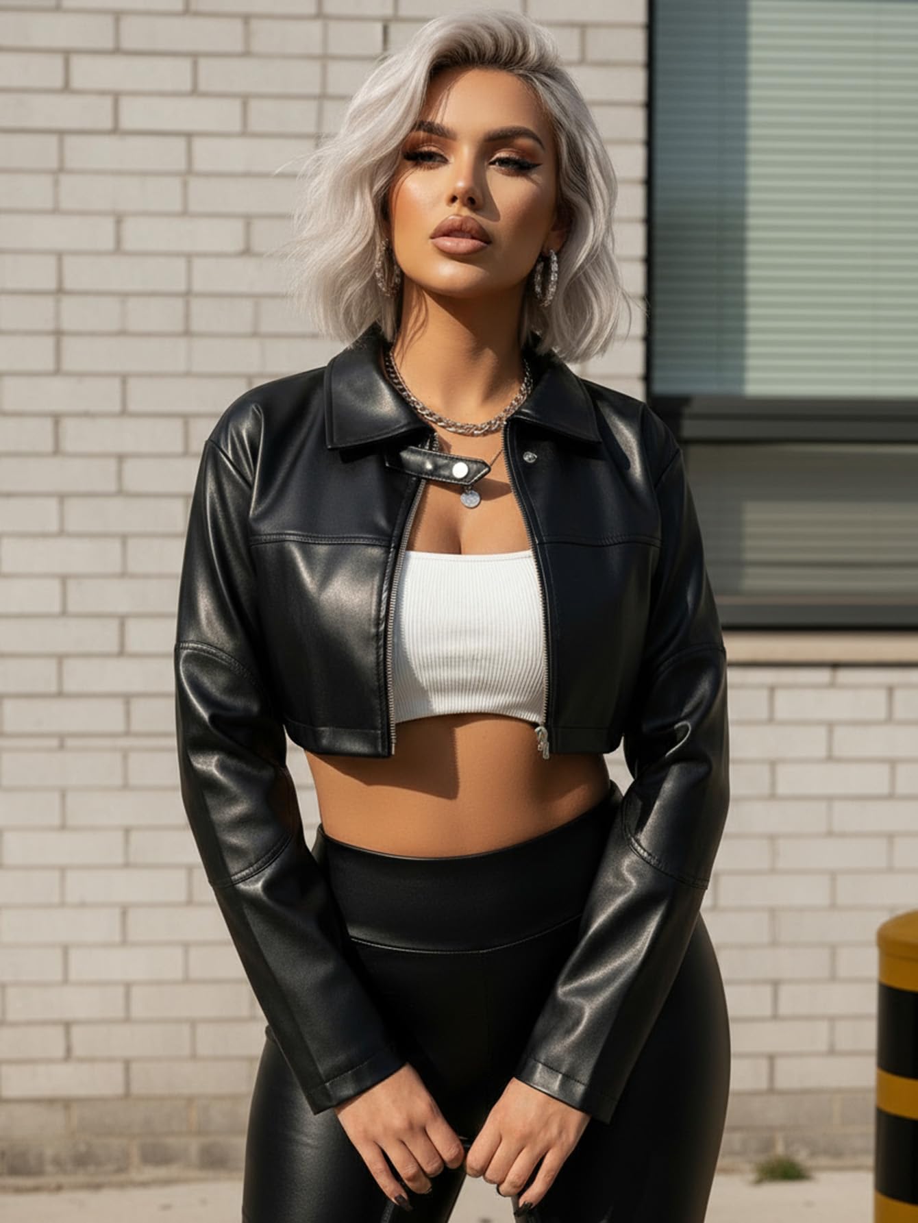 winkbay Women's Pu Leather Cropped Motorcycle Jacket Y2k Zip Up Collared Jackets Streetwear Black Small