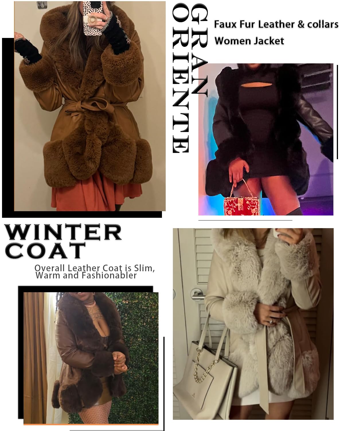 GRAN ORIENTE Women's Faux Leather Coat with Faux Fur Collar,Winter Warm Belted Mid Length Trim Jacket Fur Lined with Hood (002 Apricot S)