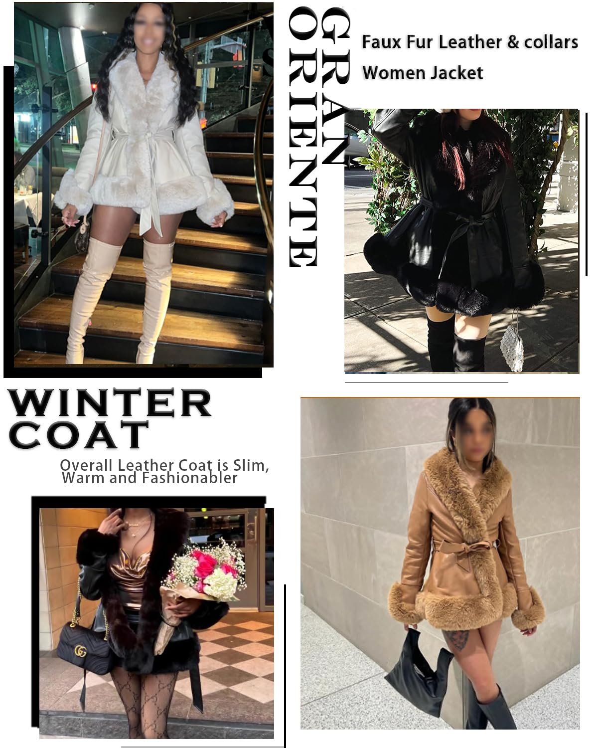 GRAN ORIENTE Faux Leather Jacket for Women with Faux Fur Collar Long Sleeve Fuzzy Parka Overcoat with Warm Trimmed Winter Peplum Coat Belted (GK007 Black M)