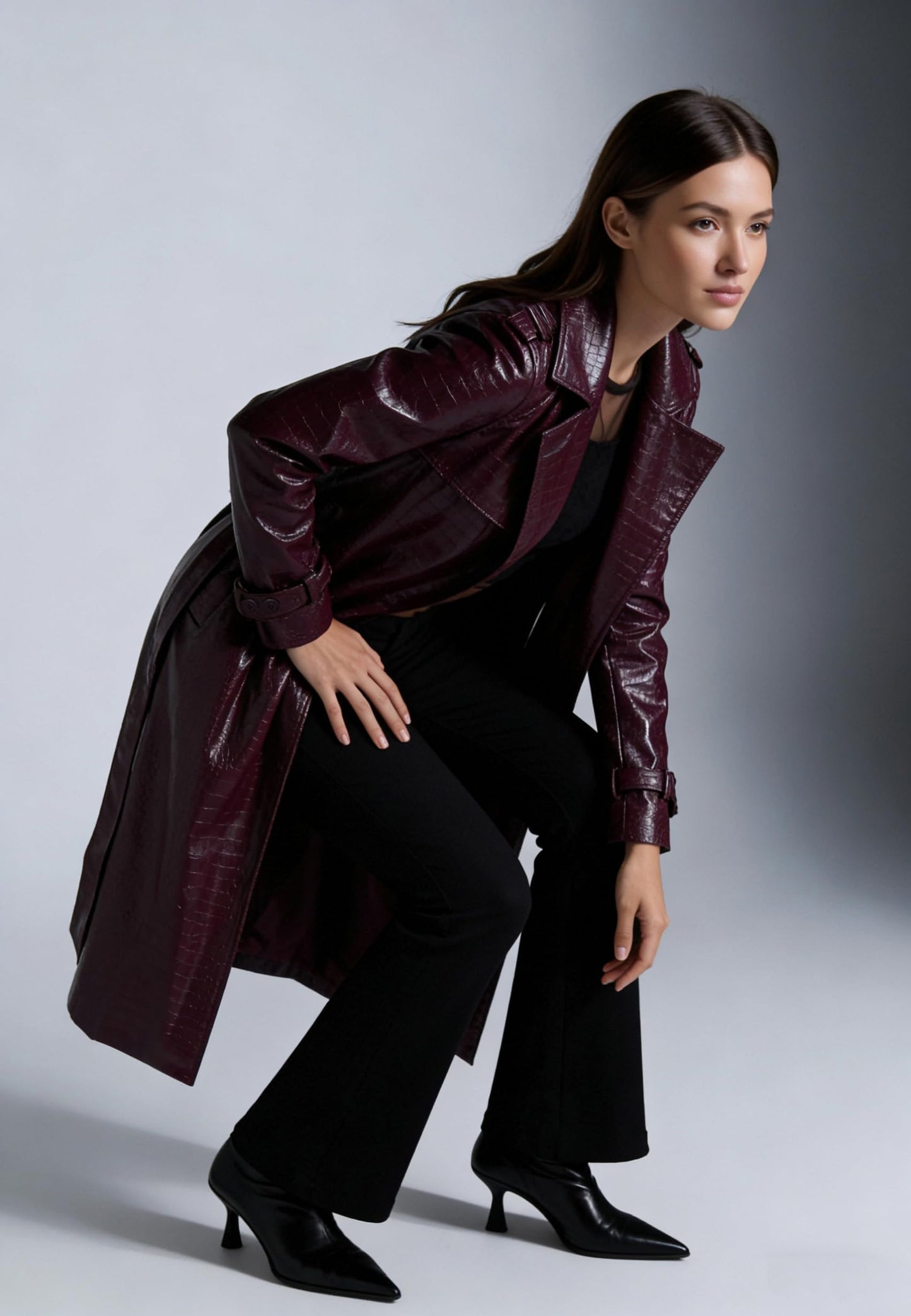 SS-Sunrise Fashion Womens Long Leather Jacket Burgundy Trench Coat Blazer Lapel Button Open Front Faux Motorcycle Jacket Coats with Belt (Medium, Wine Red)