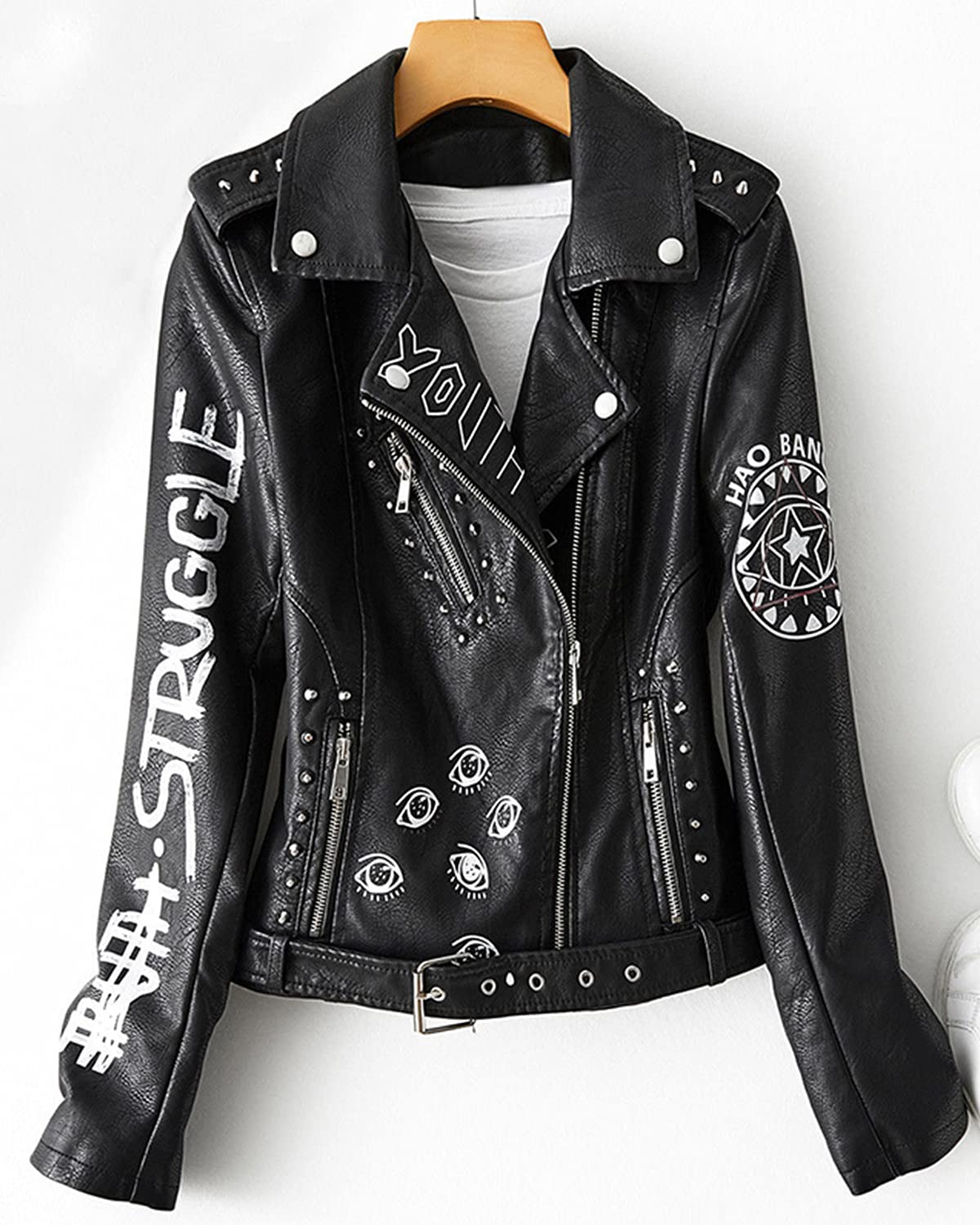 LY VAREY LIN Women's Print Faux Leather Punk Jacket Biker Motorcycle Jacket with Belt (Black, l)