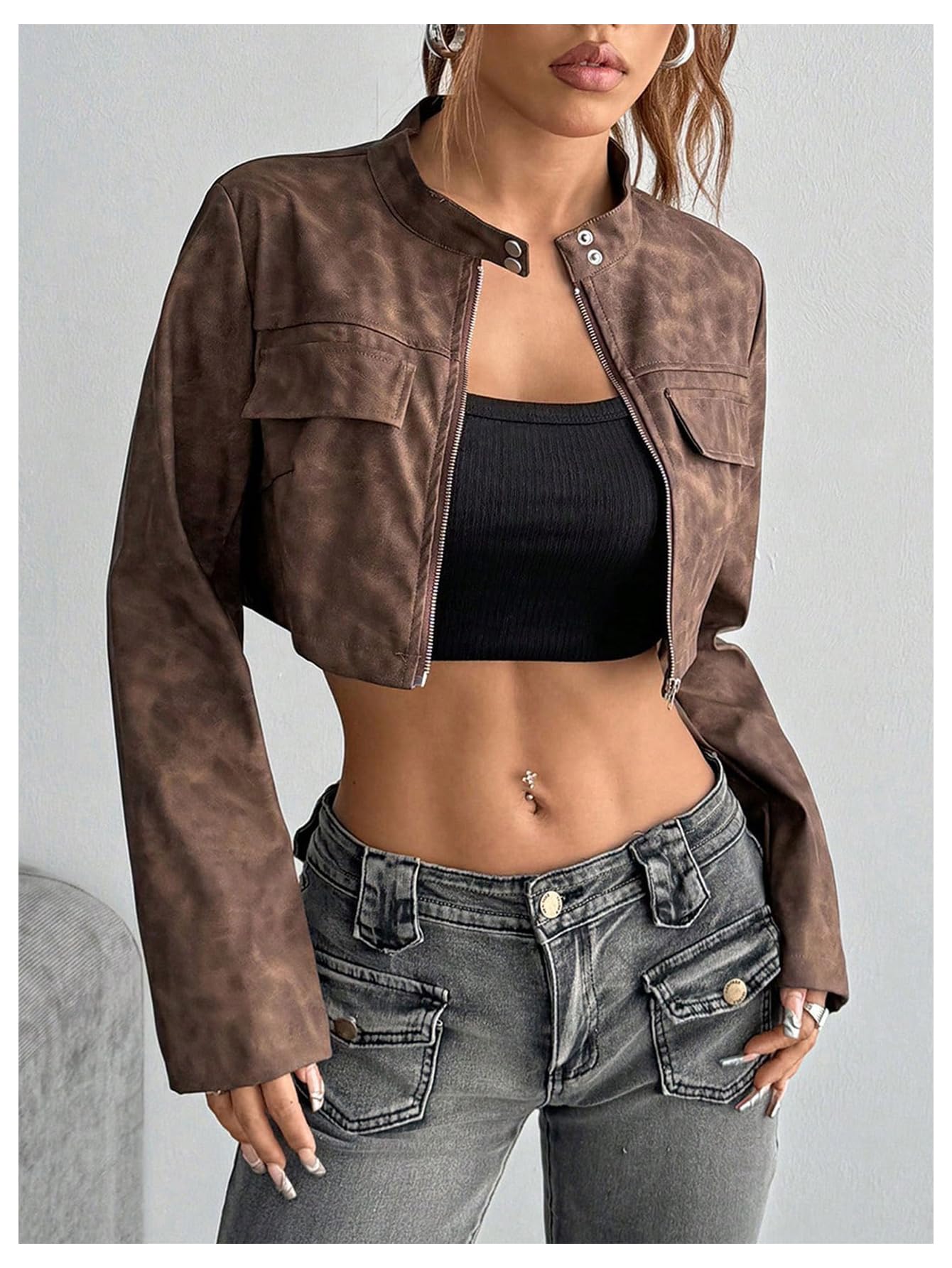 Milumia Women's Faux Leather Cropped Jacket Y2k Zip Up Stand Collar Motorcycle Short Coat Jacket Streetwear Brown X-Small