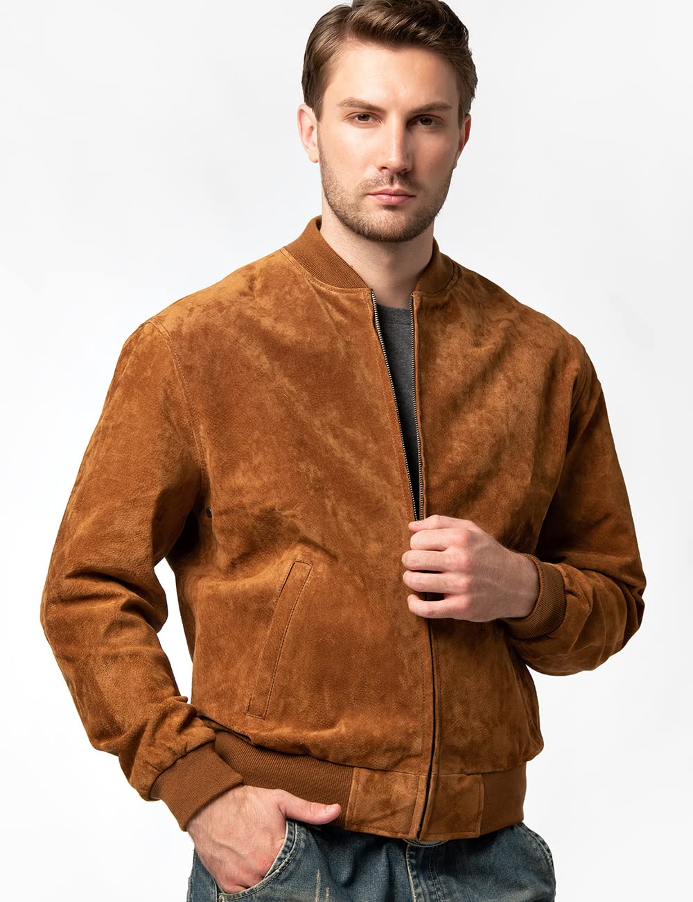FLAVOR Men's Leather Baseball Jacket Vintage Suede Pigskin (Medium, Brown)