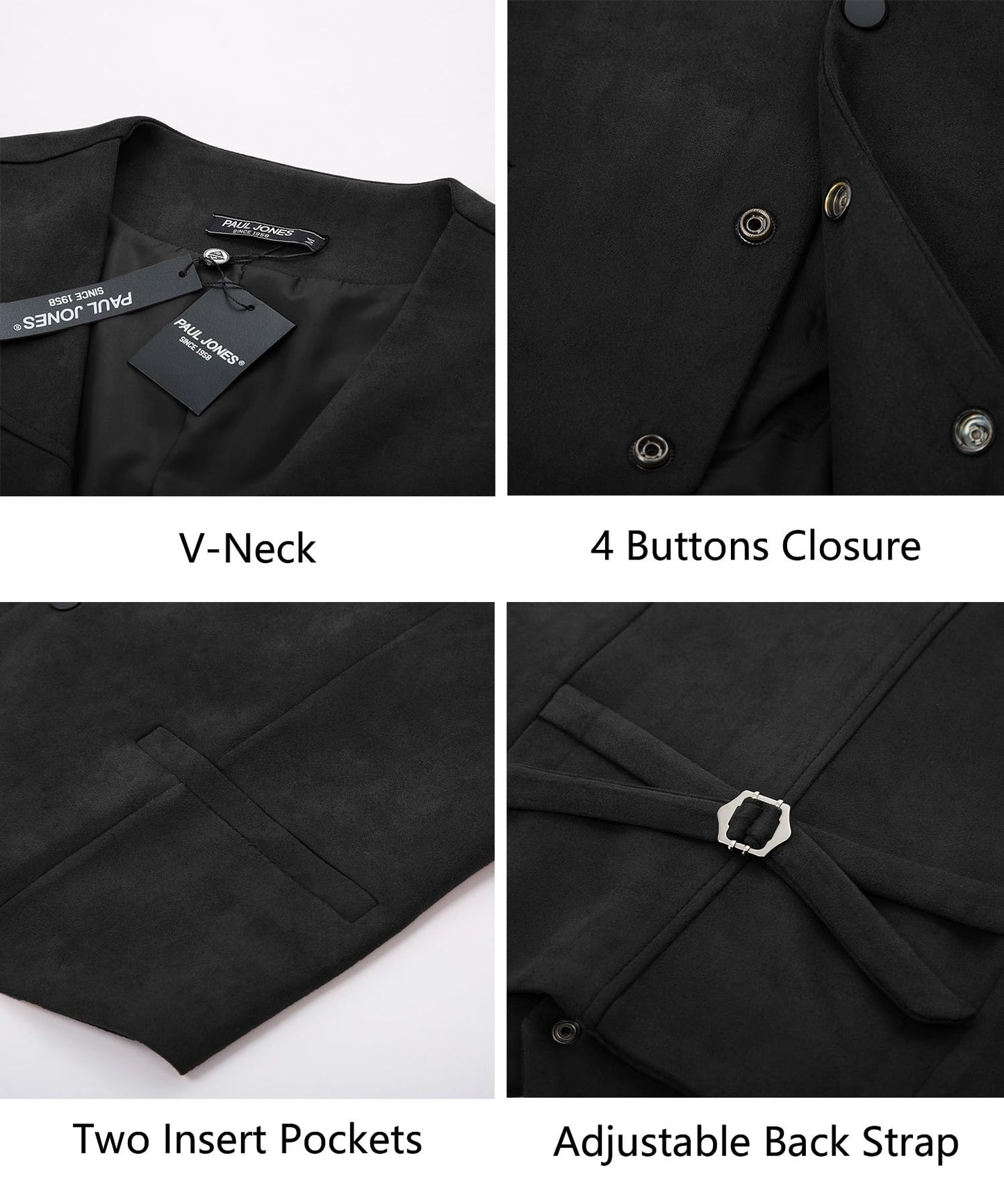 PJ PAUL JONES Men's Suede Leather Suit Vests Slim Fit V-Neck Western Cowboy Vest Jacket Waistcoat for Wedding