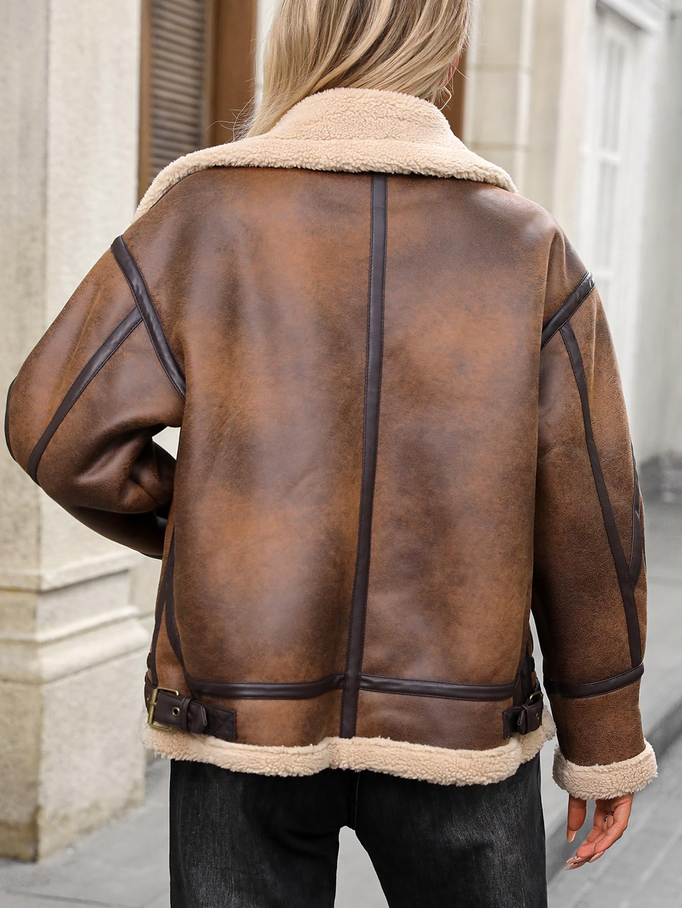 LY VAREY LIN Women Faux Leather Jacket Sherpa Aviator Bomber Coat