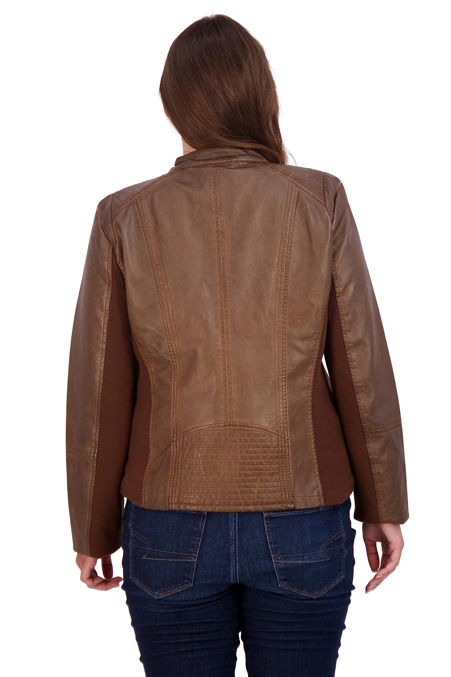 Sebby Collection Women's Faux Leather Jacket with Moto Details and Front Zip Pockets, Whiskey, Medium