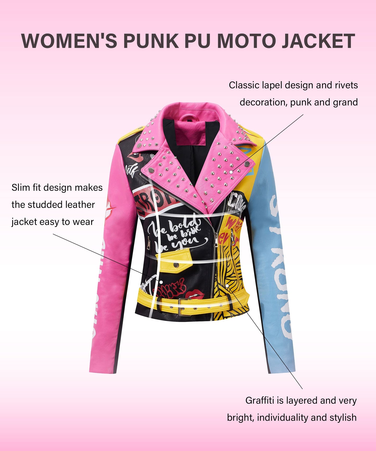 RISISSIDA Studded Leather Jacket Women Moto Motorcycle Faux Leather Short Coat Black-pink 0375 M