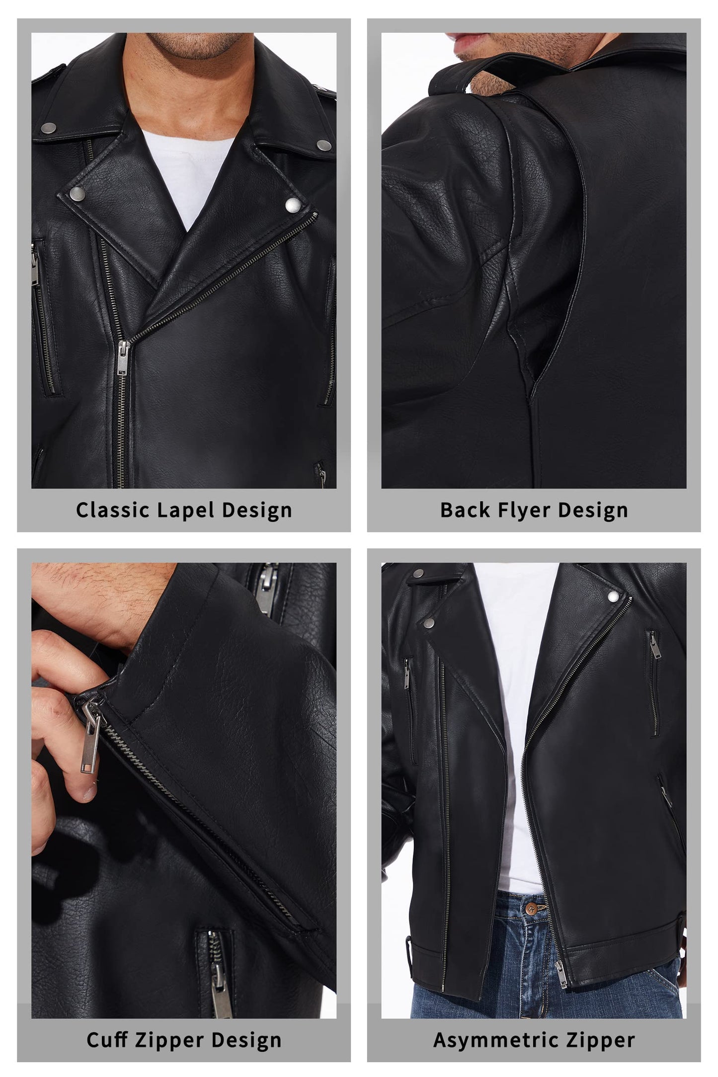 Fahsyee Leather Jackets for Men, Faux Bomber Jacket Mens Motorcycle Lapel Zip-Up Belt Slim Fit Biker Coat Black M