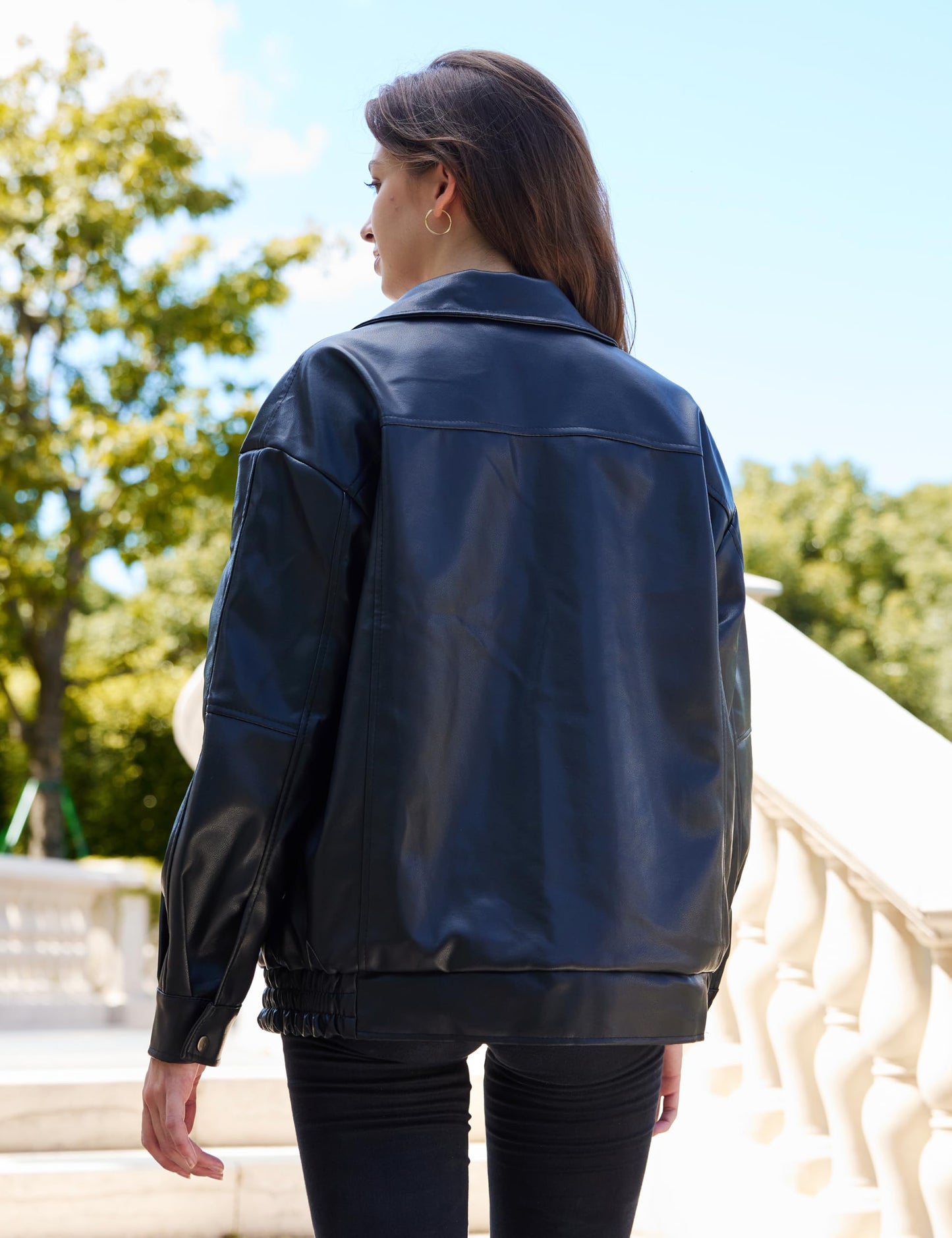 FSVABY Womens Oversized Faux Leather Motocycle Black Jacket Zip Up Outwear Coat with Pockets (Black, Medium)