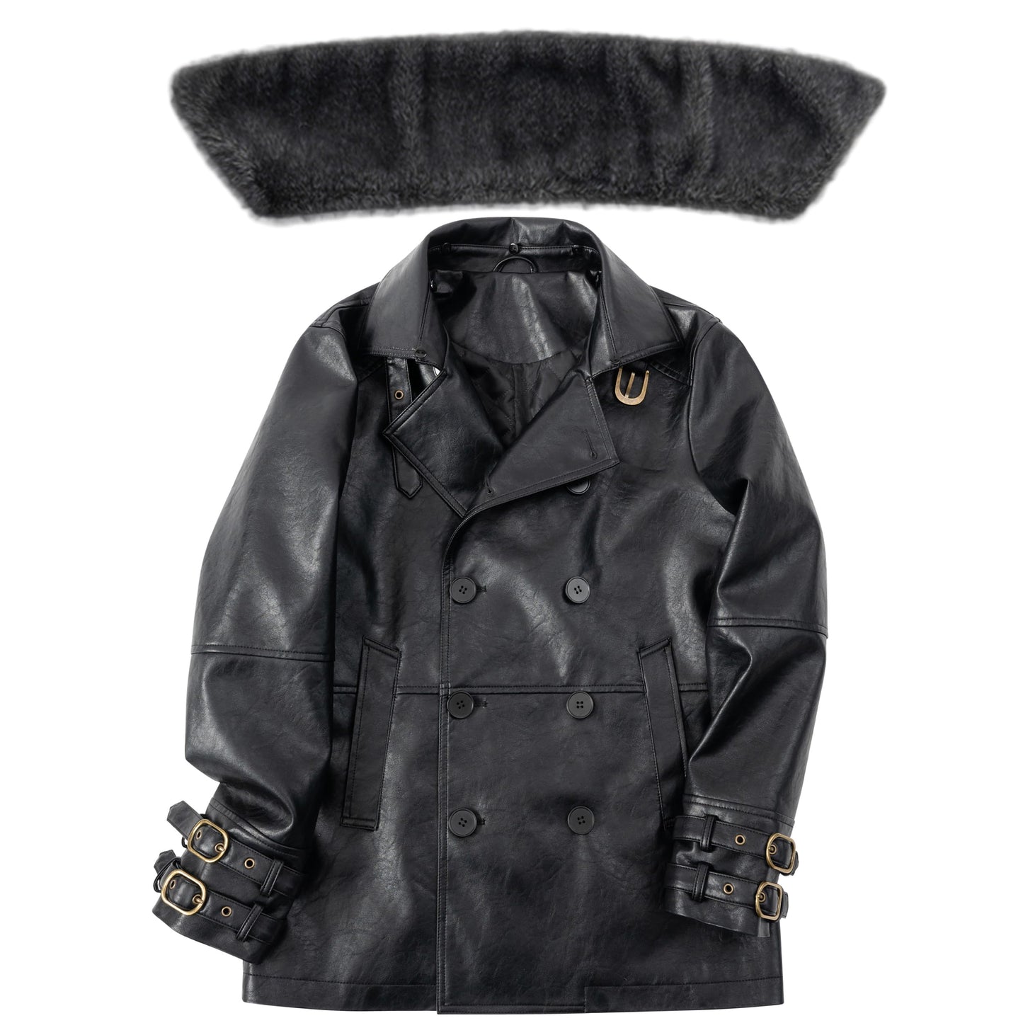 Mifidy Leons Leather Jacket, Mens Biker Style Fur Collar Black Vintage Gaming Outerwear Trench Coat for Cold Weather Cosplay Casual Fashion, L