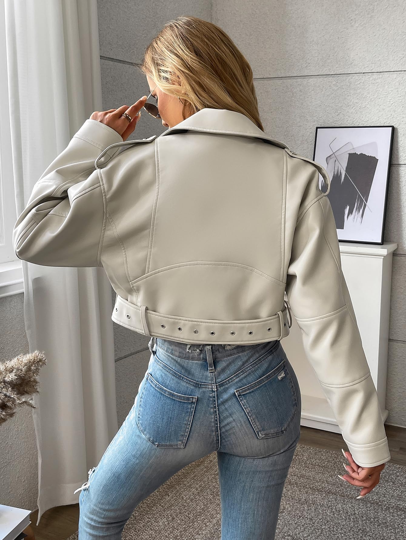 LY VAREY LIN Women Faux Leather Cropped Jacket Vegan Motor Biker Coat with Belt