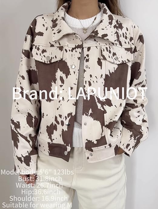 LAPUNIOT Women's Animal Print Denim Jacket Casual Cow Print Jacket Long Sleeve Button Up Motorcycle Cropped Coats (US, Alpha, X-Large, Regular, Regular, Leather Brown)