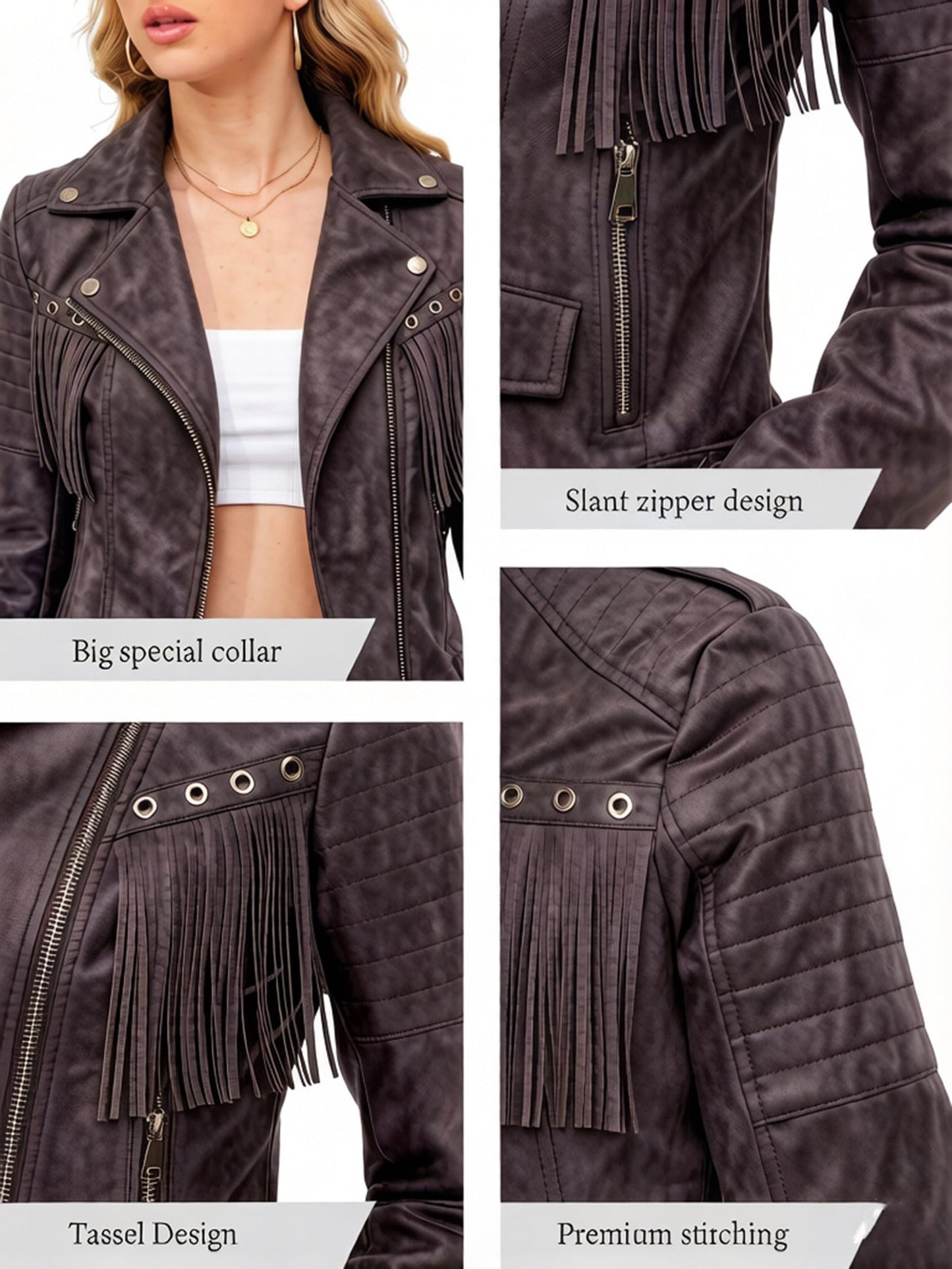 XULIKU Women Faux Leather Suede Jacket, Fall Spring Lapel Short Vegan Zipper Up Fringe Tassel Trim PLeather Suede Coat with Belt,Coffee,XL