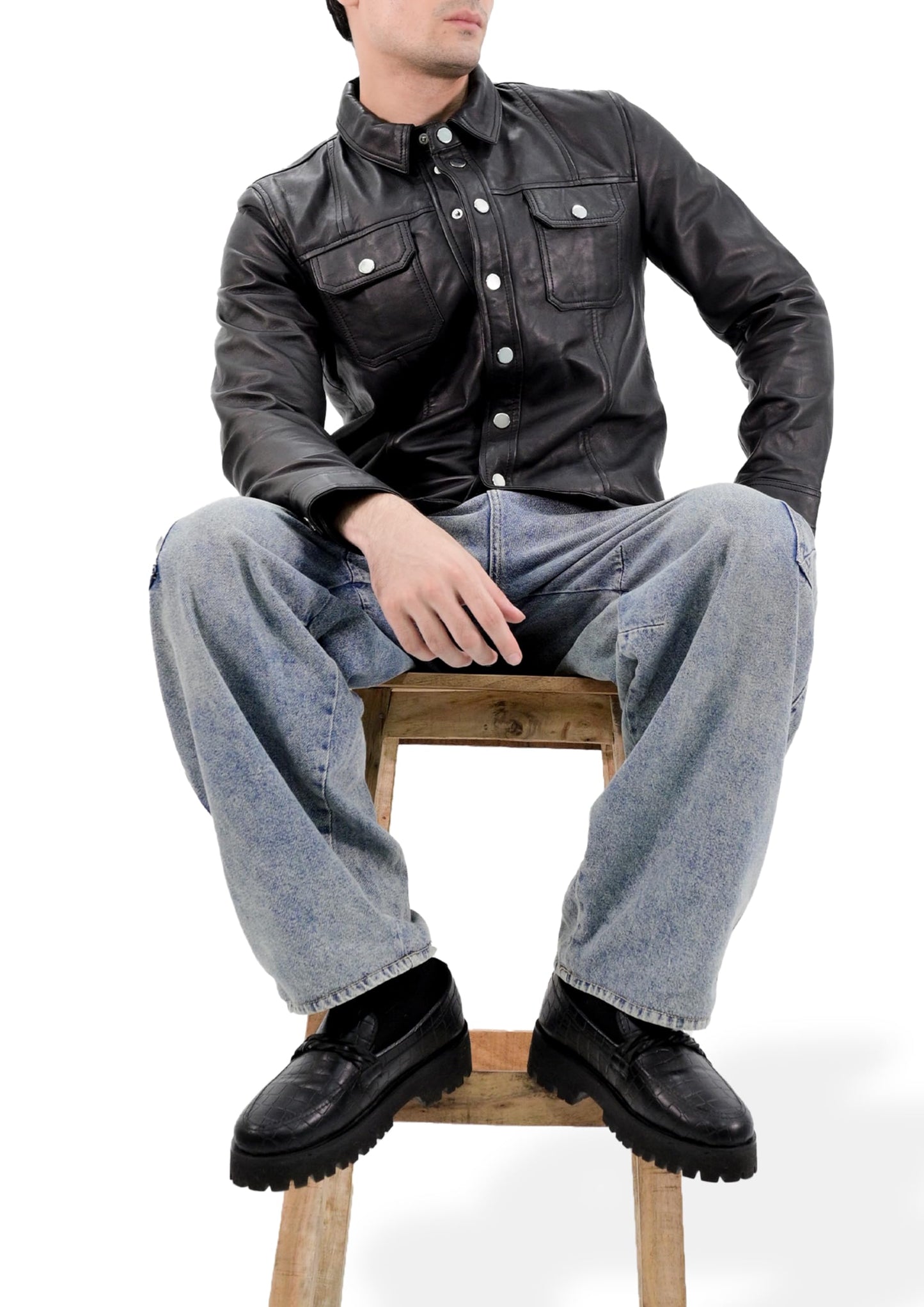 Rauly Trucker Leather Jacket Men Real Lambskin Button Front Shirt Collar Mens Leather Jacket