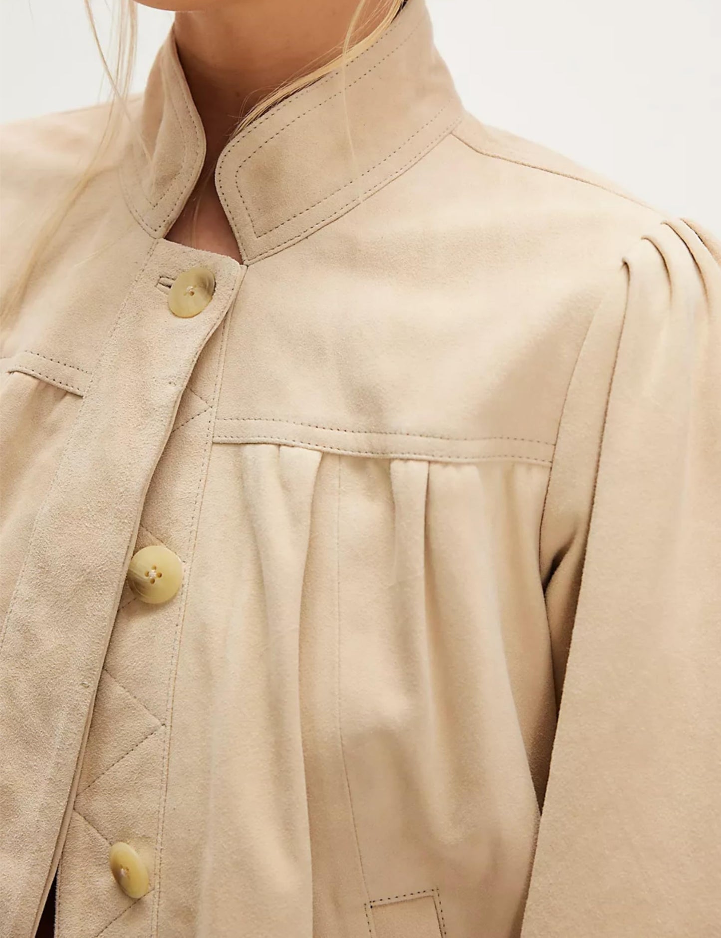 Wanzetaly Women's Faux Suede Jacket Casual Cropped Leather Coat with Pocket Button Bomber Jacket(0615-Beige-S)