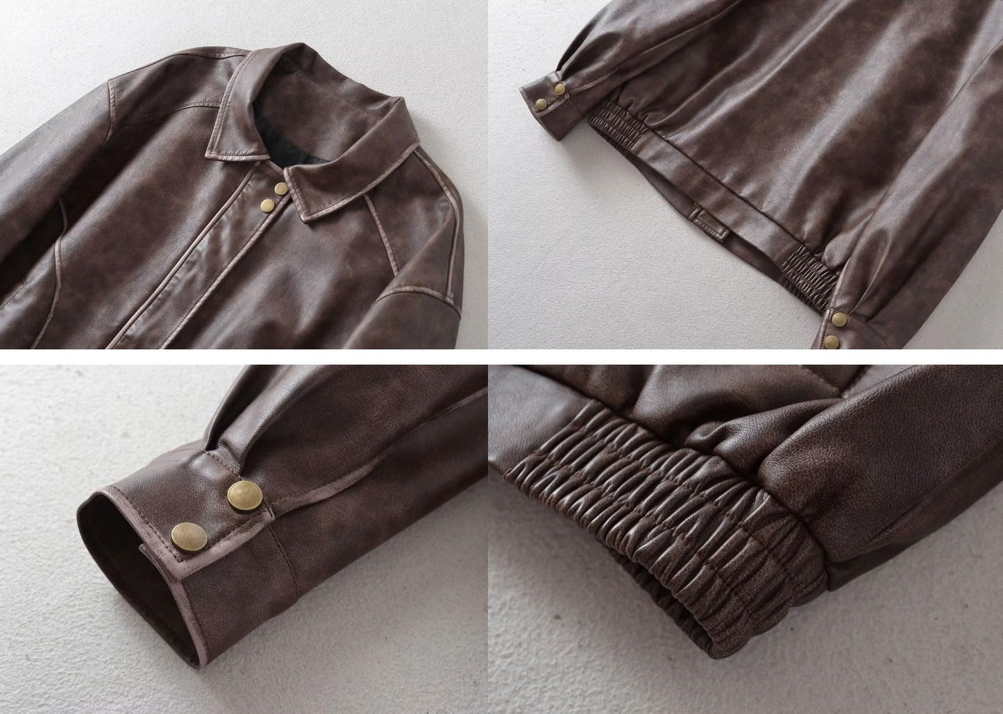 chouyatou Women's Fall Distressed Faux Leather Bomber Jacket Motorcycle Oversized Leather Jacket (Small, Brown)