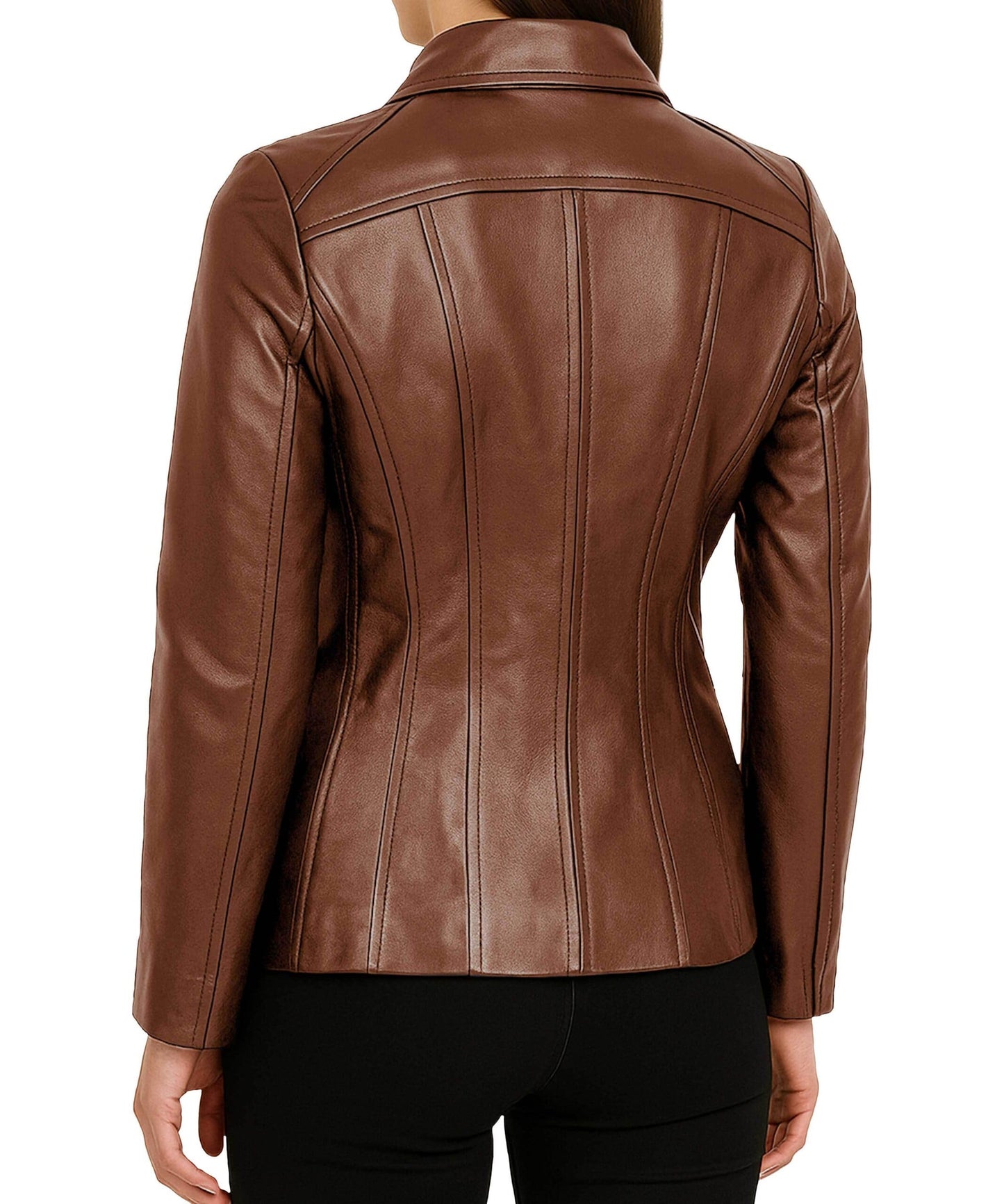 TRENDS GENESIS Brown Leather Jacket Women Genuine Lambskin Long Leather Car Coat Office Outerwear L