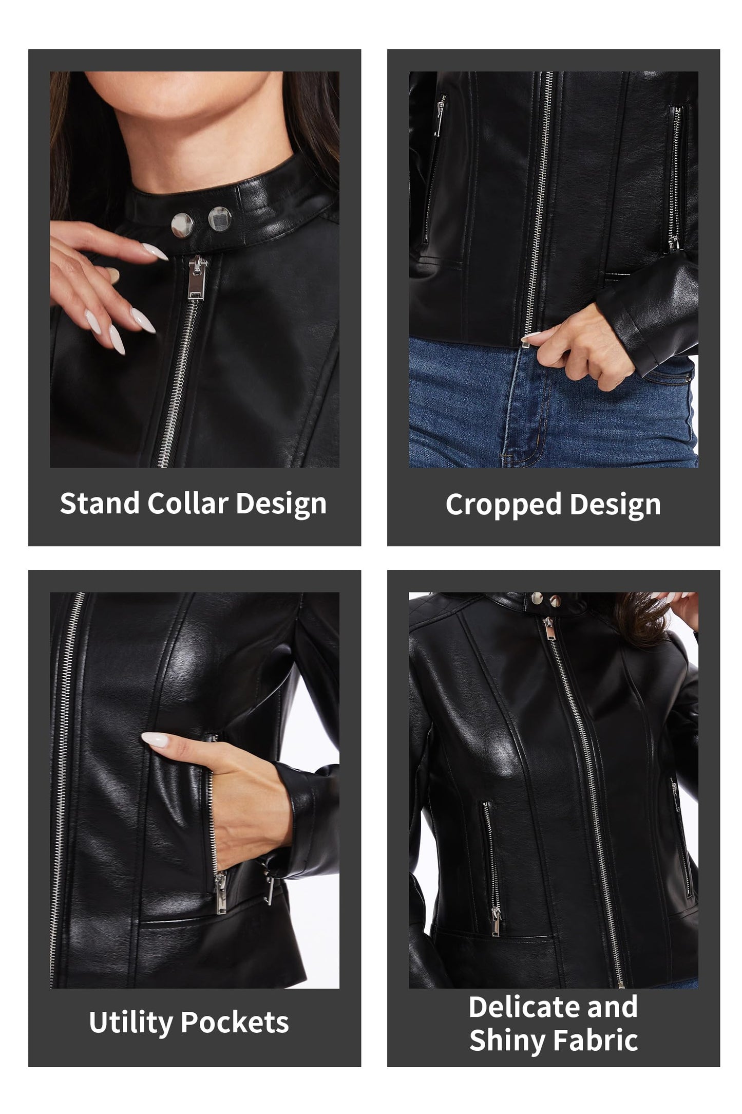 Fahsyee Faux Leather Jacket Women - Black Bomber Motorcycle Cropped Coat Moto Biker Blazer Casual Vegan Jackets Fashion S