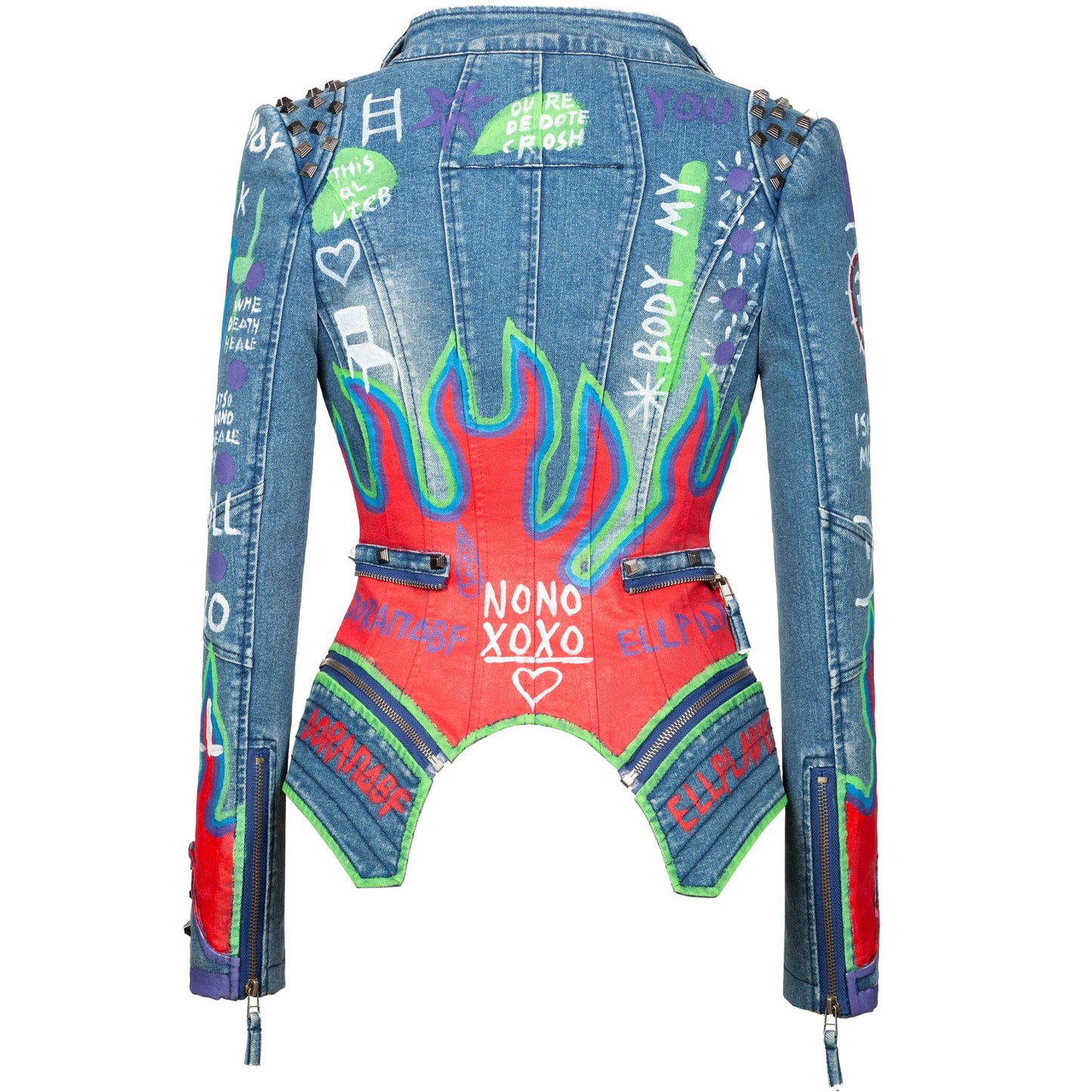 Fashion SX Women's Punk Floral Embroidered short Faux Leather Jacket Hand-painted Moto PU Coat (Blue-S