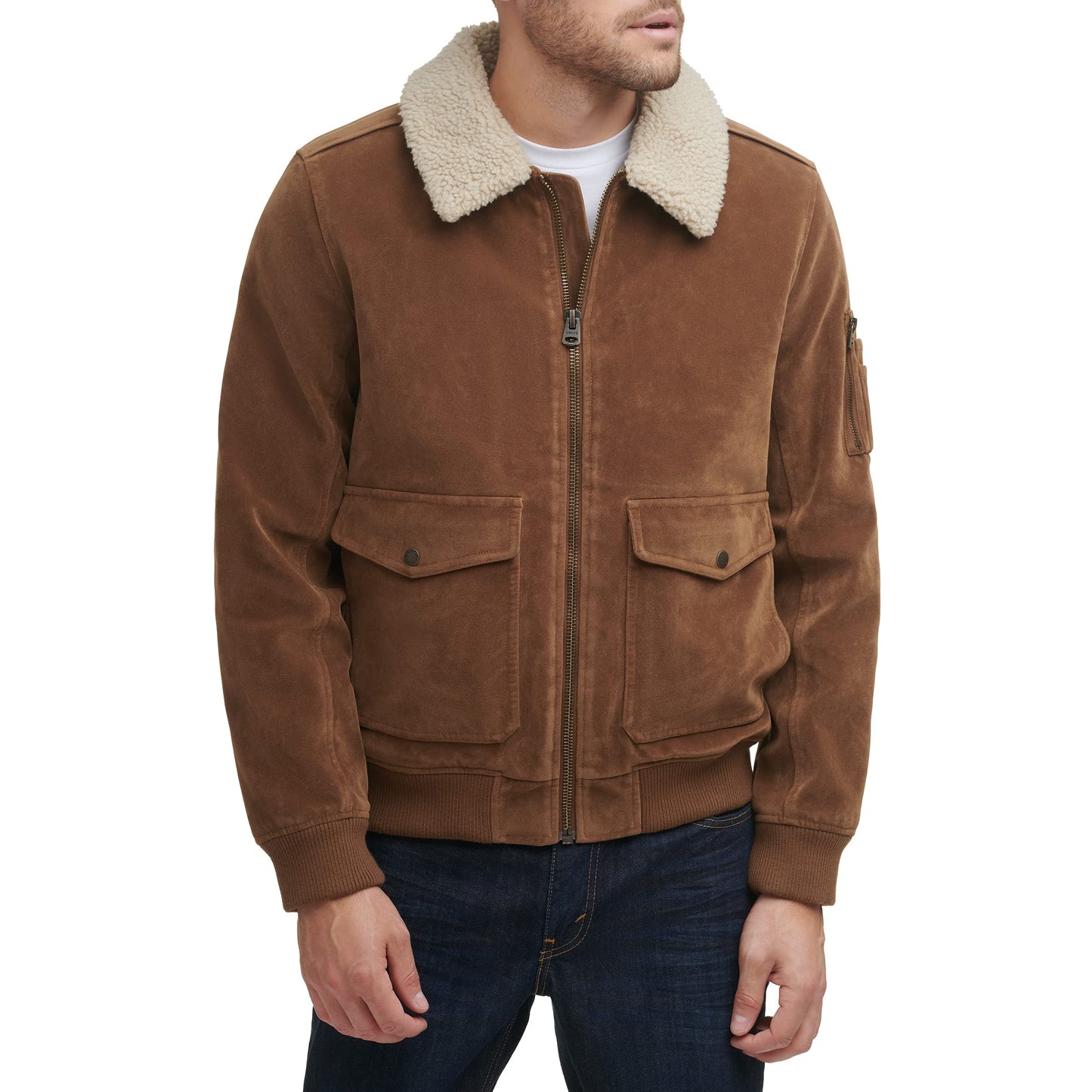 Levi's Men's Faux Leather Sherpa Aviator Bomber Jacket, Cognac Faux Suede/Sherpa Collar, Small