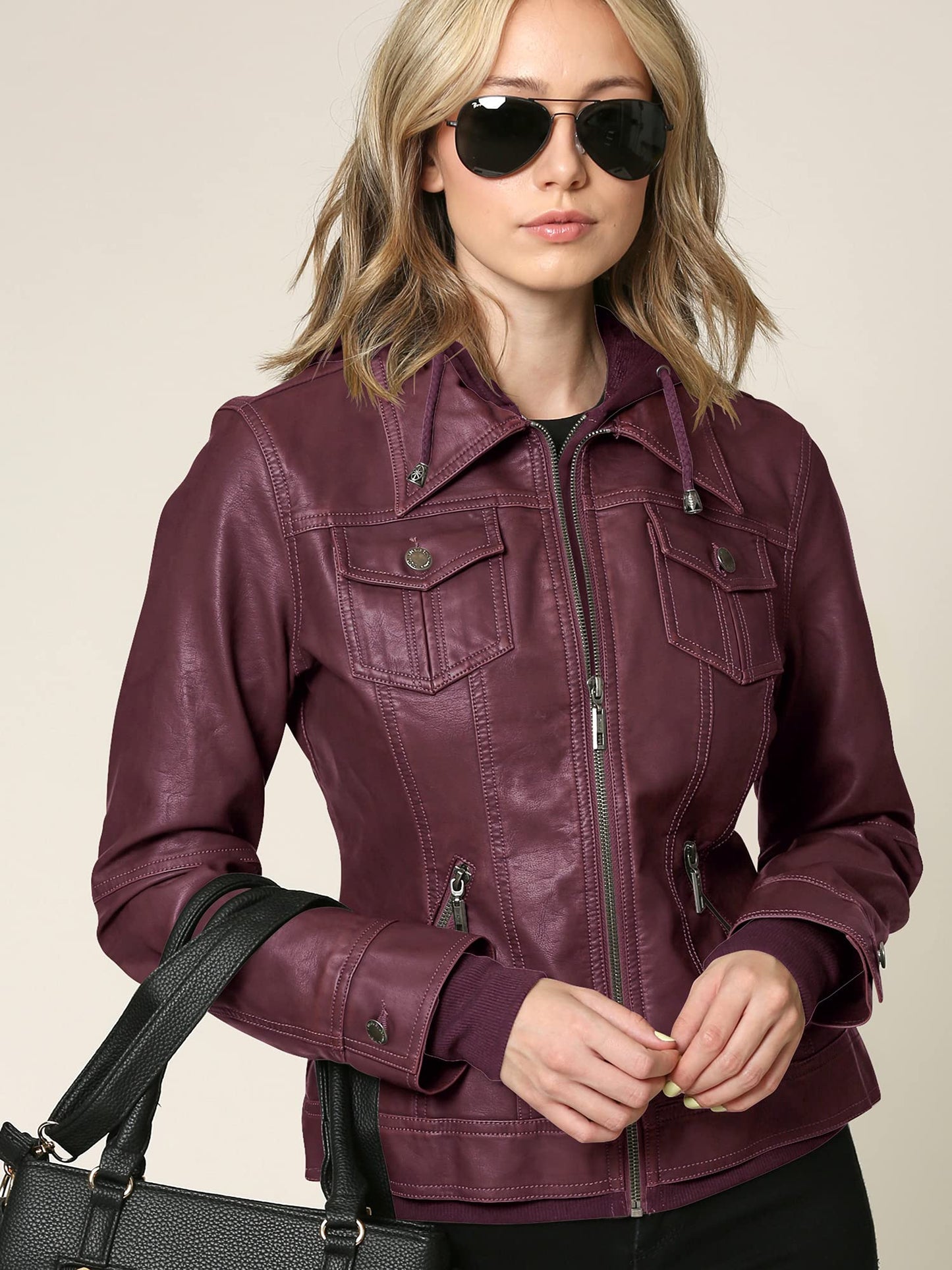 Lock and Love LL WJC664 Womens Faux Leather Jacket with Hoodie S WINE
