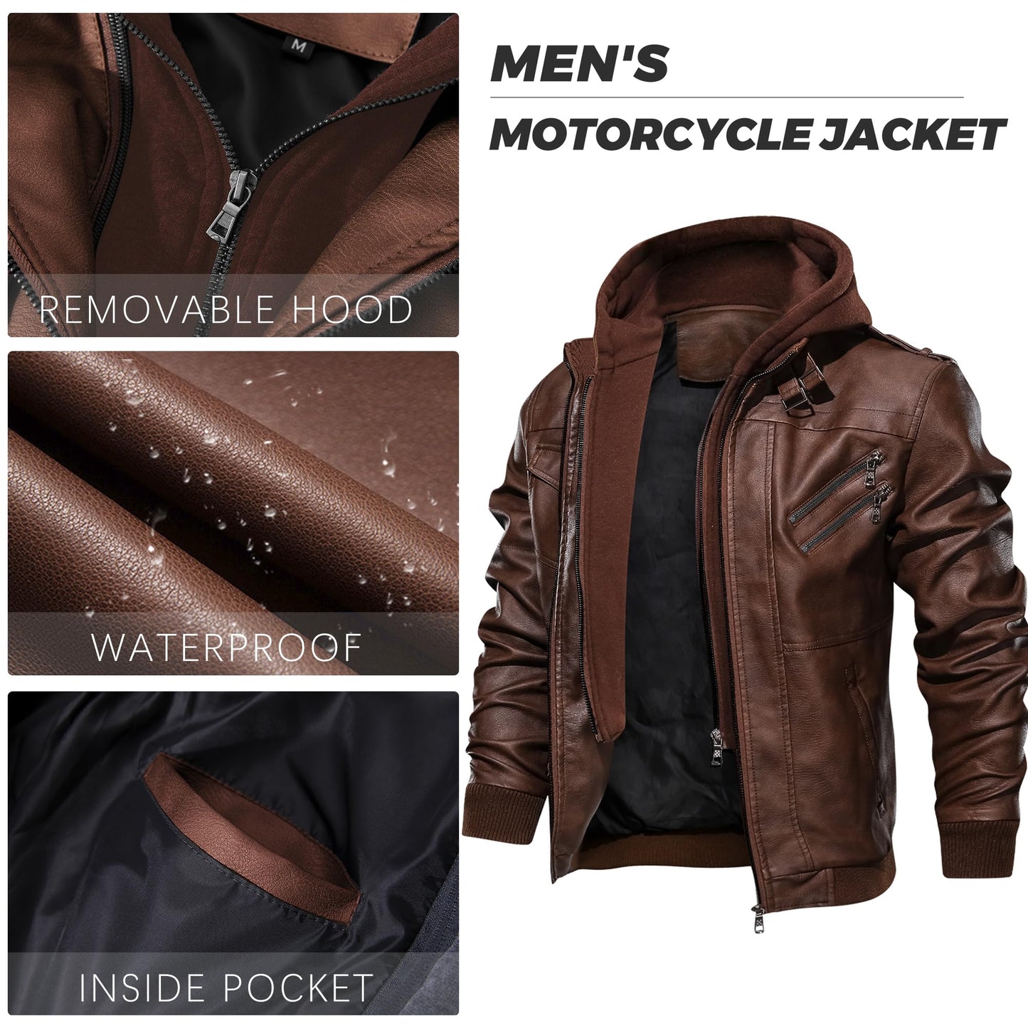 JYG Men's Faux Leather Jacket Stand Collar Motorcycle Bomber Jackets with Removable Hood (Brown,XL)