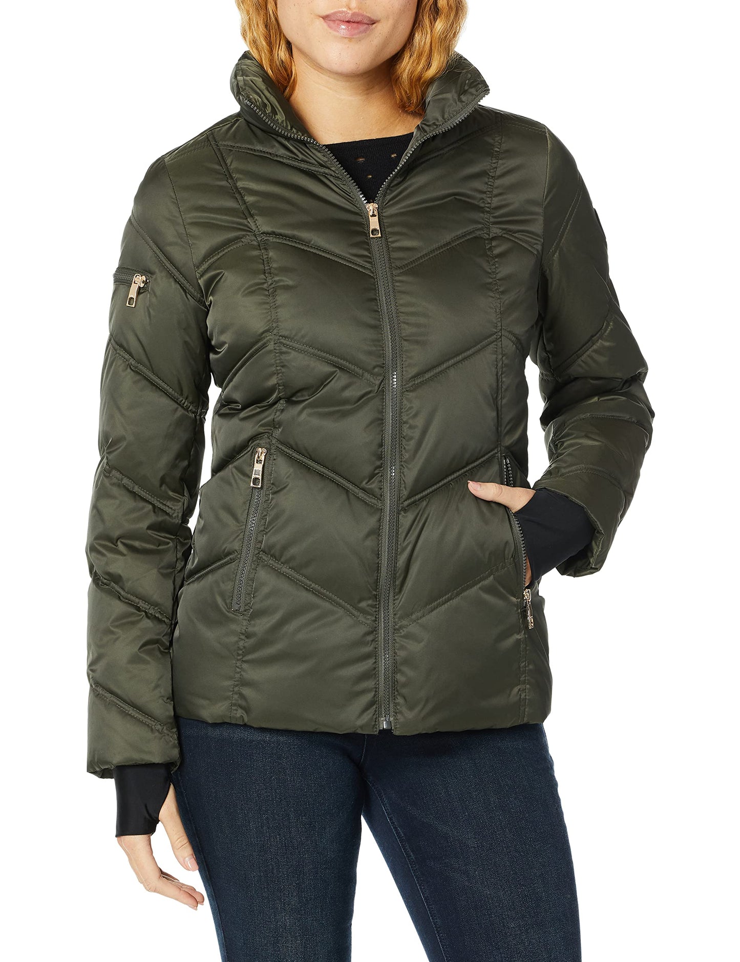 Nautica Women's Stretch Puffer Jacket- Wind & Water-Resistant Winter Coat Faux Fur Lined Hood, Military Green, Medium