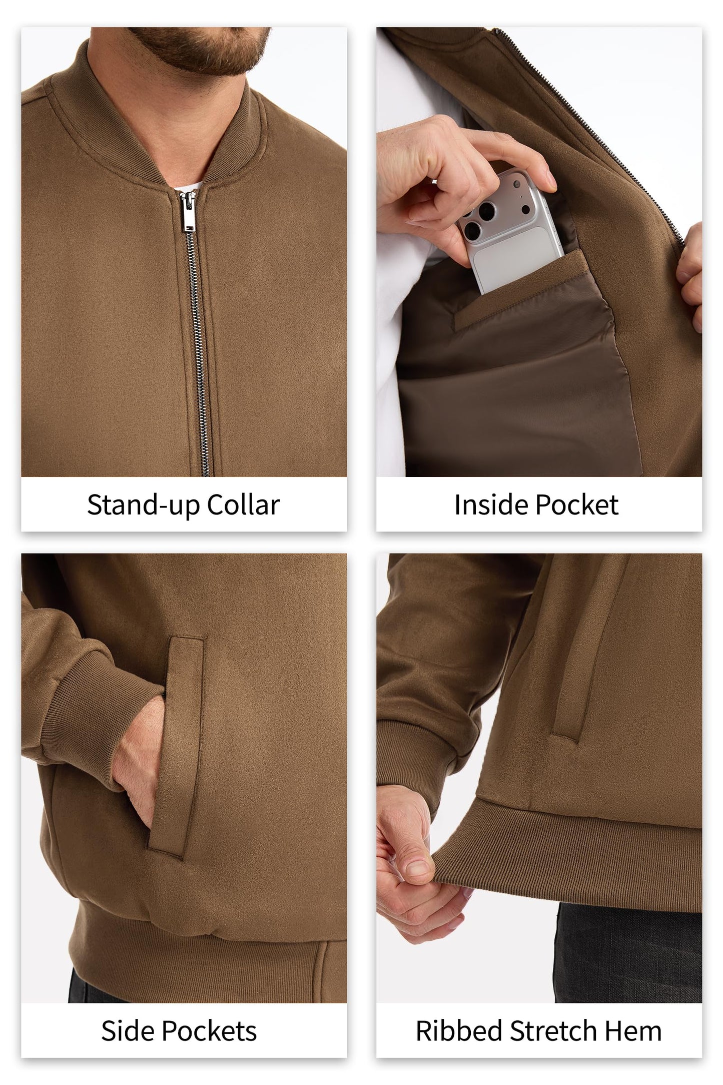 Fahsyee Men's Faux Suede Bomber Jacket, Casual Lightweight Varsity Style Full Zip Up Leather Coat Brown L