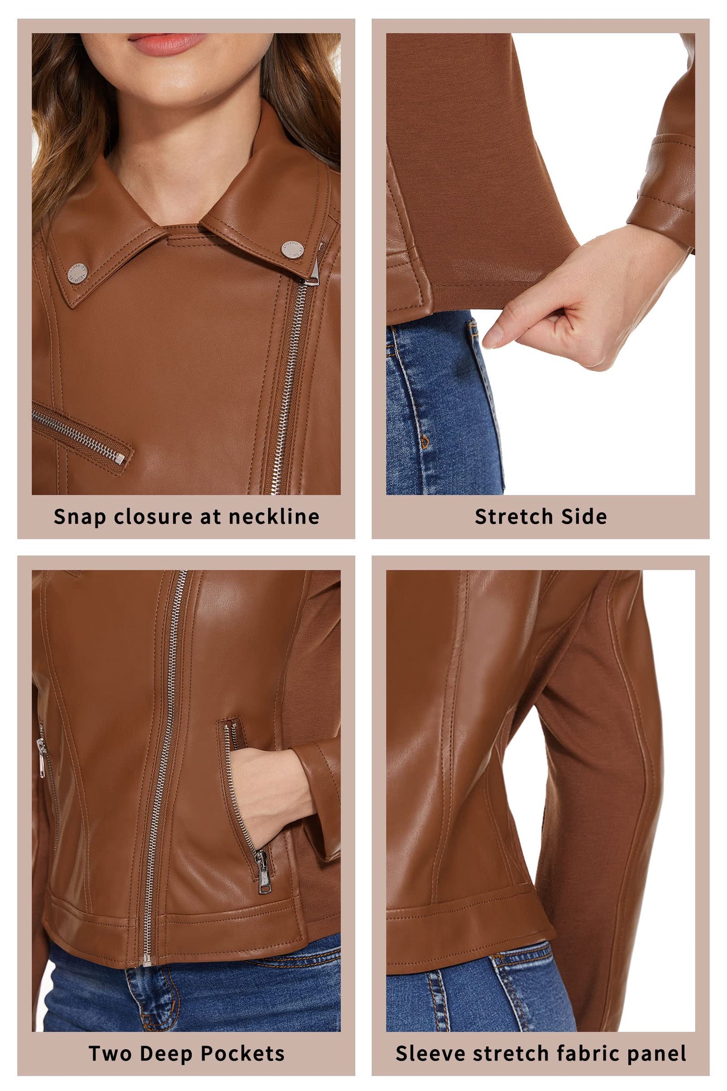 Fahsyee Women's Faux Leather Jackets, Zip Up Motorcycle Elastic Sleeve Short PU Moto Biker Outwear Fitted Coat Brown M