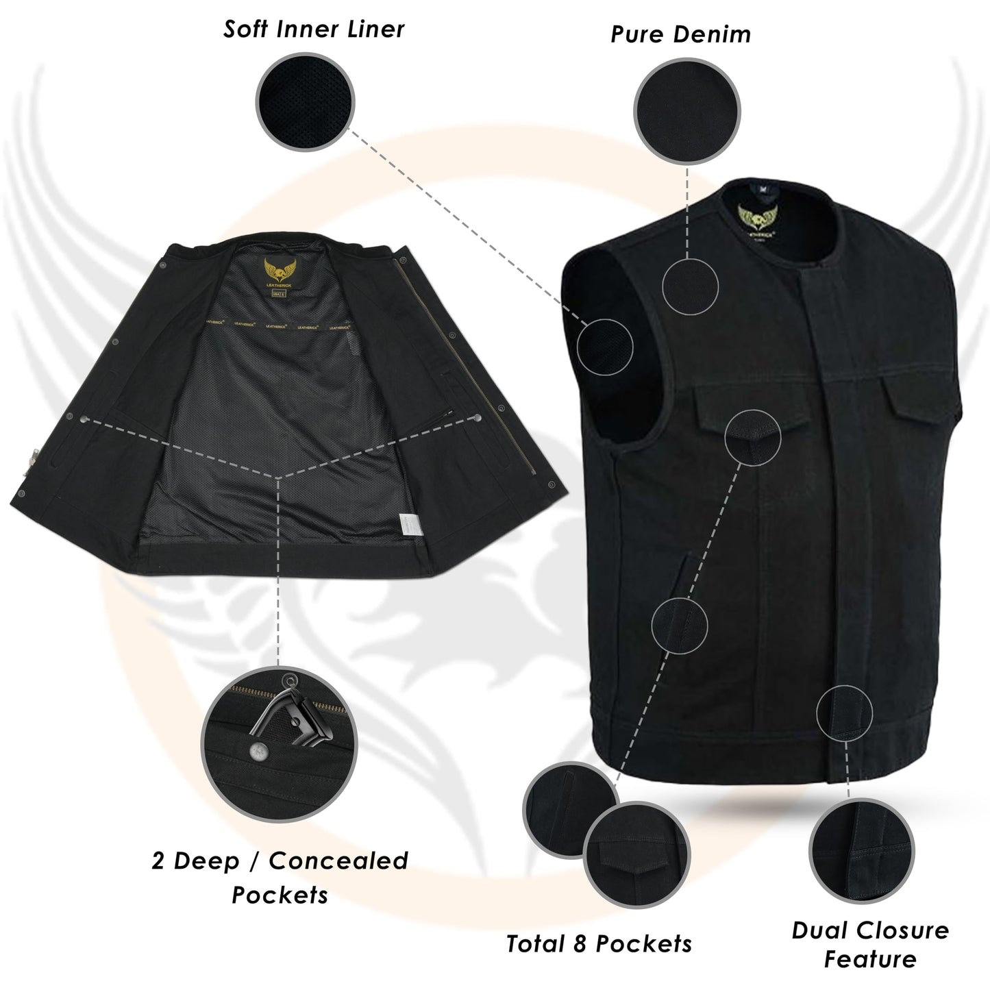 Leatherick Men’s SOA Black Denim Motorcycle Vests Bikers Club Vest with Concealed Carry Pockets (as1, alpha, 5x_l, regular, regular, Collarless)
